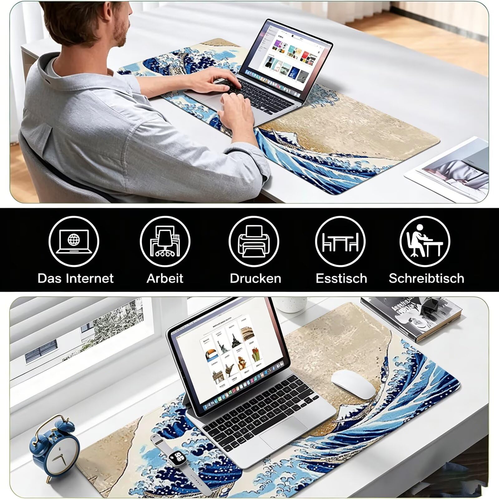 Tappetino Mouse Gaming, 1200x600mm Tappetino Mouse XXL onde 0c0-243 | Mouse Pad Grande, Ottimizzato per i Sensori da Gioco, Migliora Precisione e Velocità, per Mac e PC, Crema
