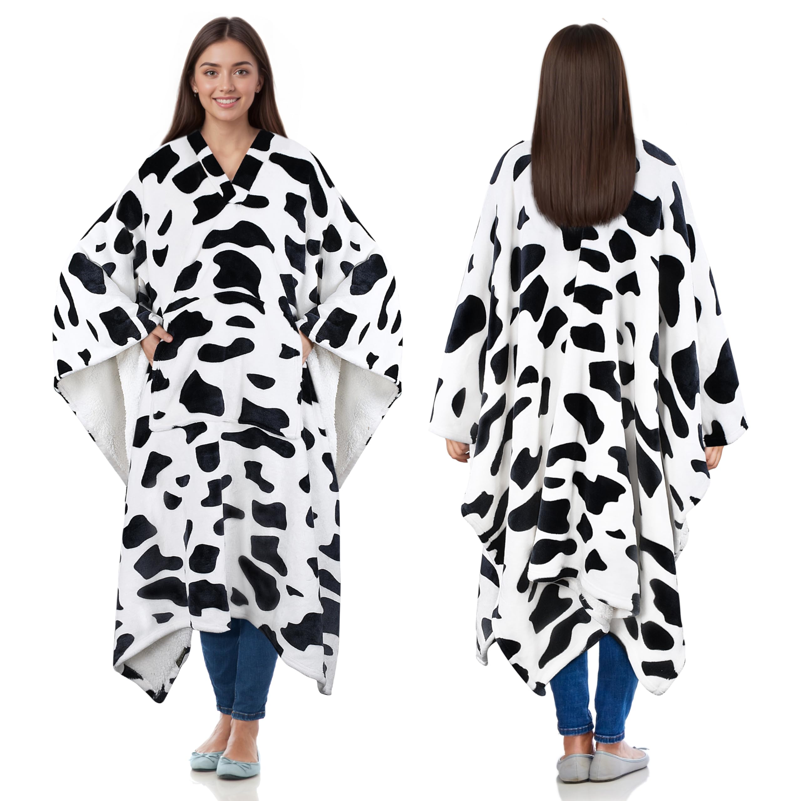 Catalonia Classy Unisex Dalmation Cow Print Sherpa Fleece Poncho Blanket Super Soft Warm Cosy Wearable Large Blanket For Adult Women Men Fluffy Throw Indoors Or Outdoors, 200 X 140 Cm