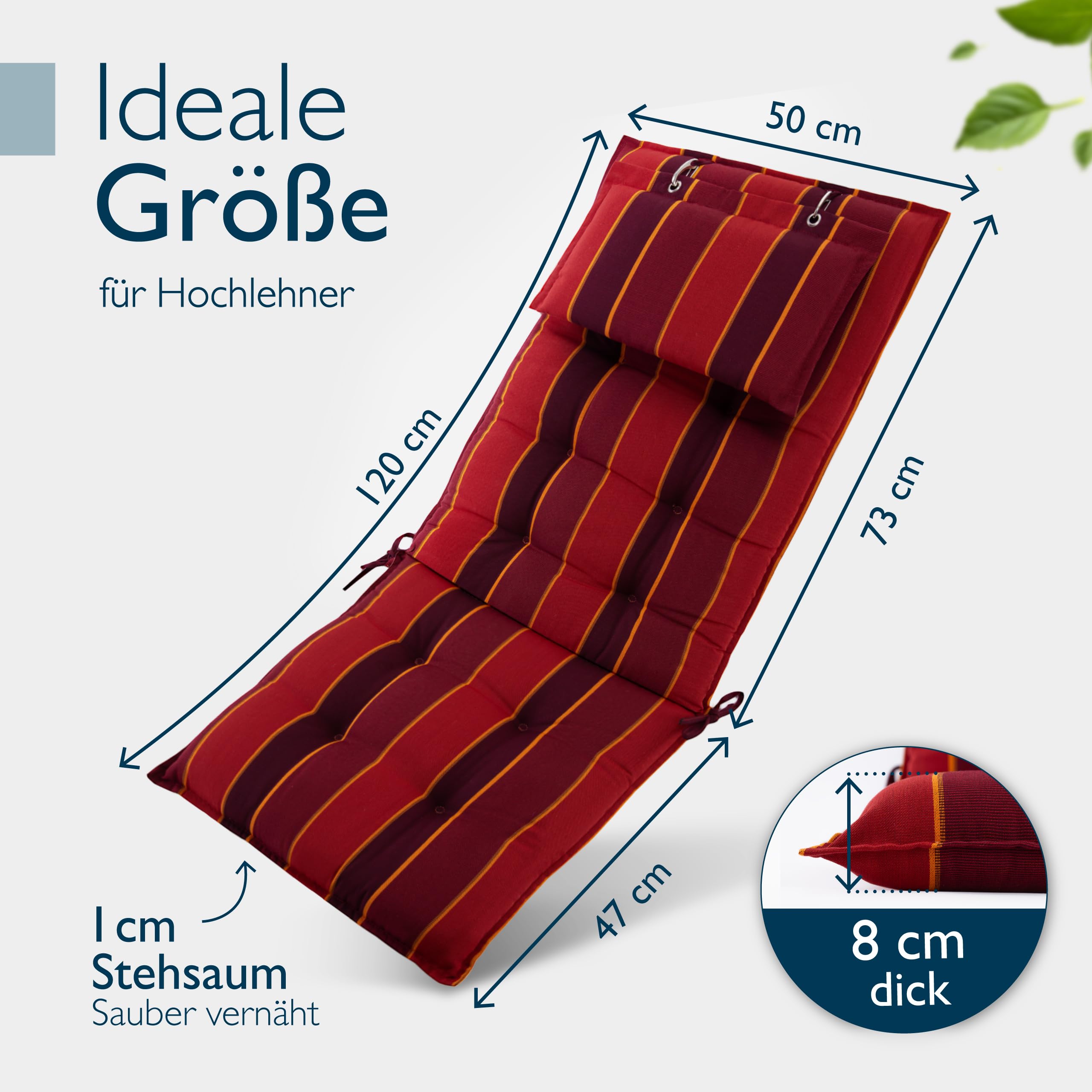 Beautissu 6er Set Premium Hochlehner Auflage mit Kopfpolster 120x50cm Sun-HL – 8cm Dick Polster Gartenstuhlauflage rutschfest Befestigungsbänder UV-Lichtechtheit 5 – Robust Stoff Rot Gestreift