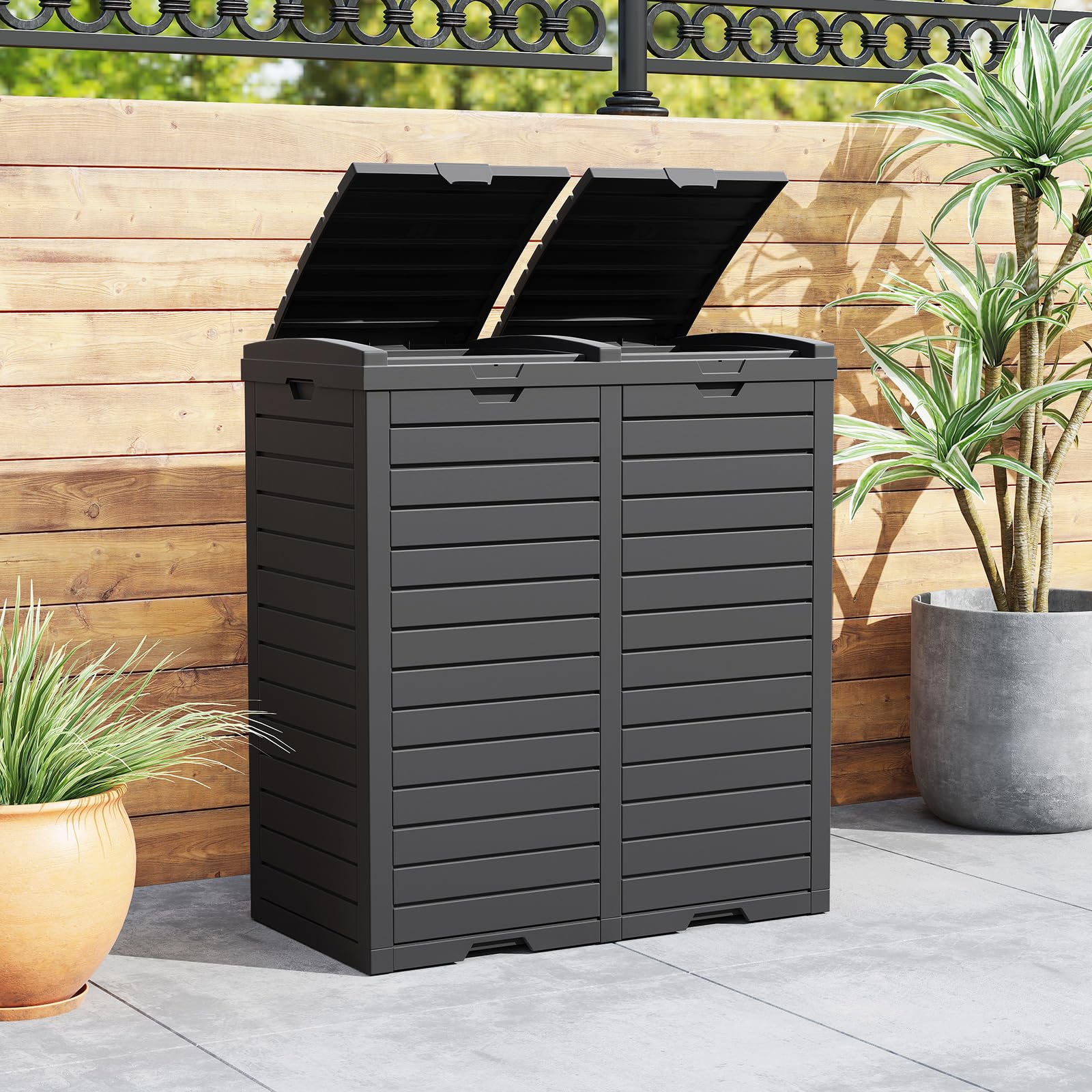 LIFEZEAL Poubelle extérieure de 235 l, Double Poubelle de Recyclage avec Couvercle étagé, Poubelle classée imperméable avec Plateau d'égouttement, poignée, conteneur à ordures (Noir)