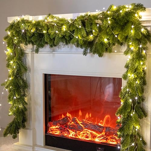 Miniatura 1 de PARTY JOY Guirnalda de pino de Navidad de 6 pies con cadena de luces LED de 9.8 pies, planta verde para decoraciones de Navidad, mantel de mesa,