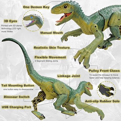 Miniatura 5 de Juguetes de dinosaurio con control remoto para niños mayores de 3 años, juguete de dinosaurio robot caminante con velociraptor de simulación de luz