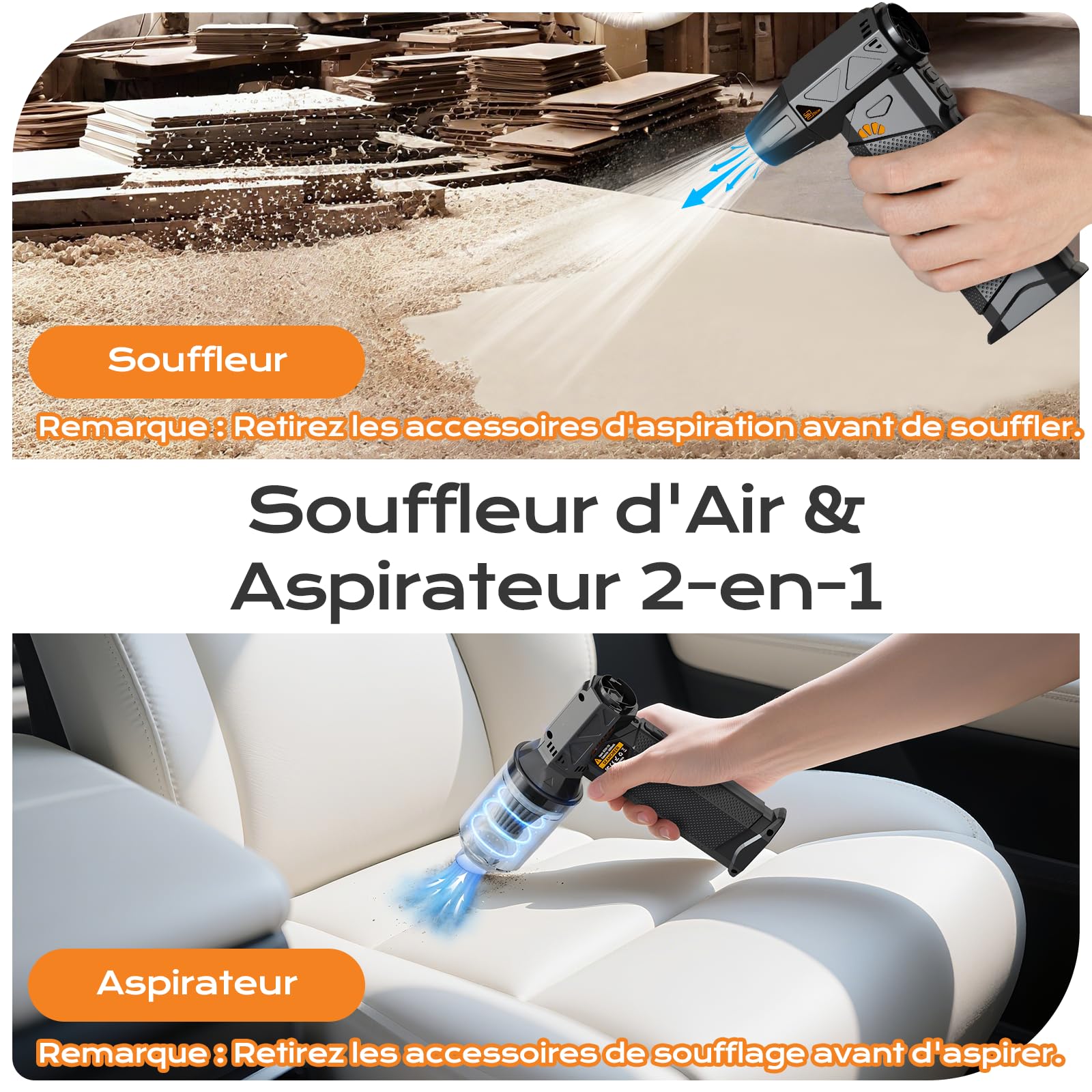 SEANCHEER 2 EN 1 Souffleur Air Comprimé & Aspirateur, 180000 TR/Min, Mini Souffleur Sans Fil Puissant avec Batterie 8000mAh, Air Comprimé Nettoyage PC avec Lampe Torche, Idéal pour PC, Voitures