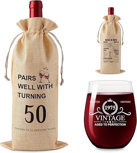 kwsnatel Regalos de cumpleaños para mujeres y hombres, decoraciones de 50 aniversario, regalos de 1973, juego de regalo de vino vintage, regalos de