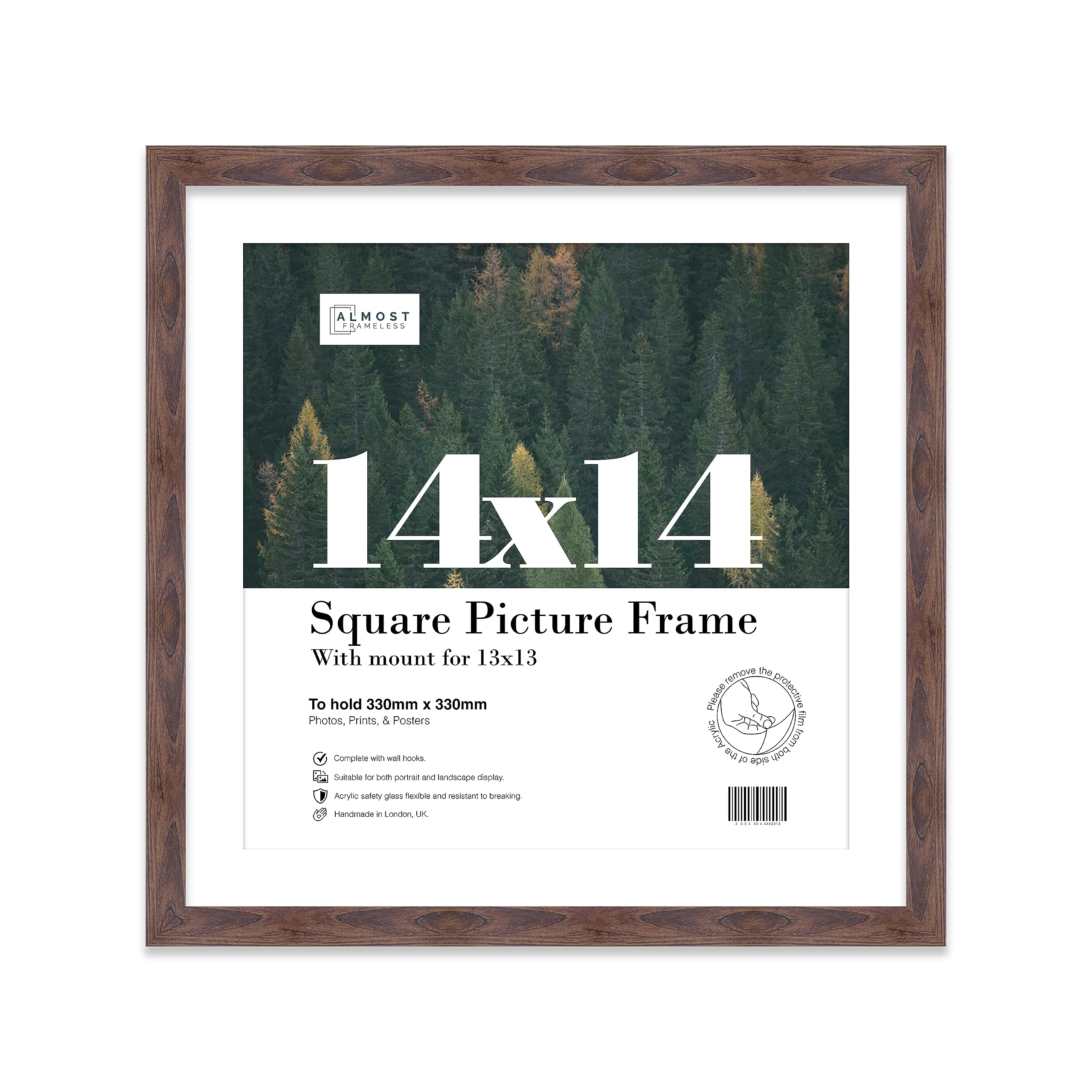 Almost Frameless 14x14 Picture Frame, Display Pictures 13x13 With Mat or 14x14 Without Mat, Wall Hanging Photo Frame, Walnut, 1 Pack