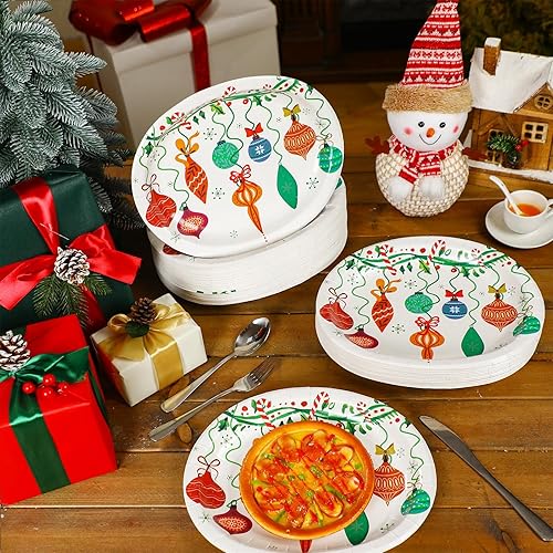 Miniatura 2 de 100 platos de papel ovalados de Navidad de 10 x 12 pulgadas, platos de papel desechables para adornos navideños, bandeja decorativa para servir