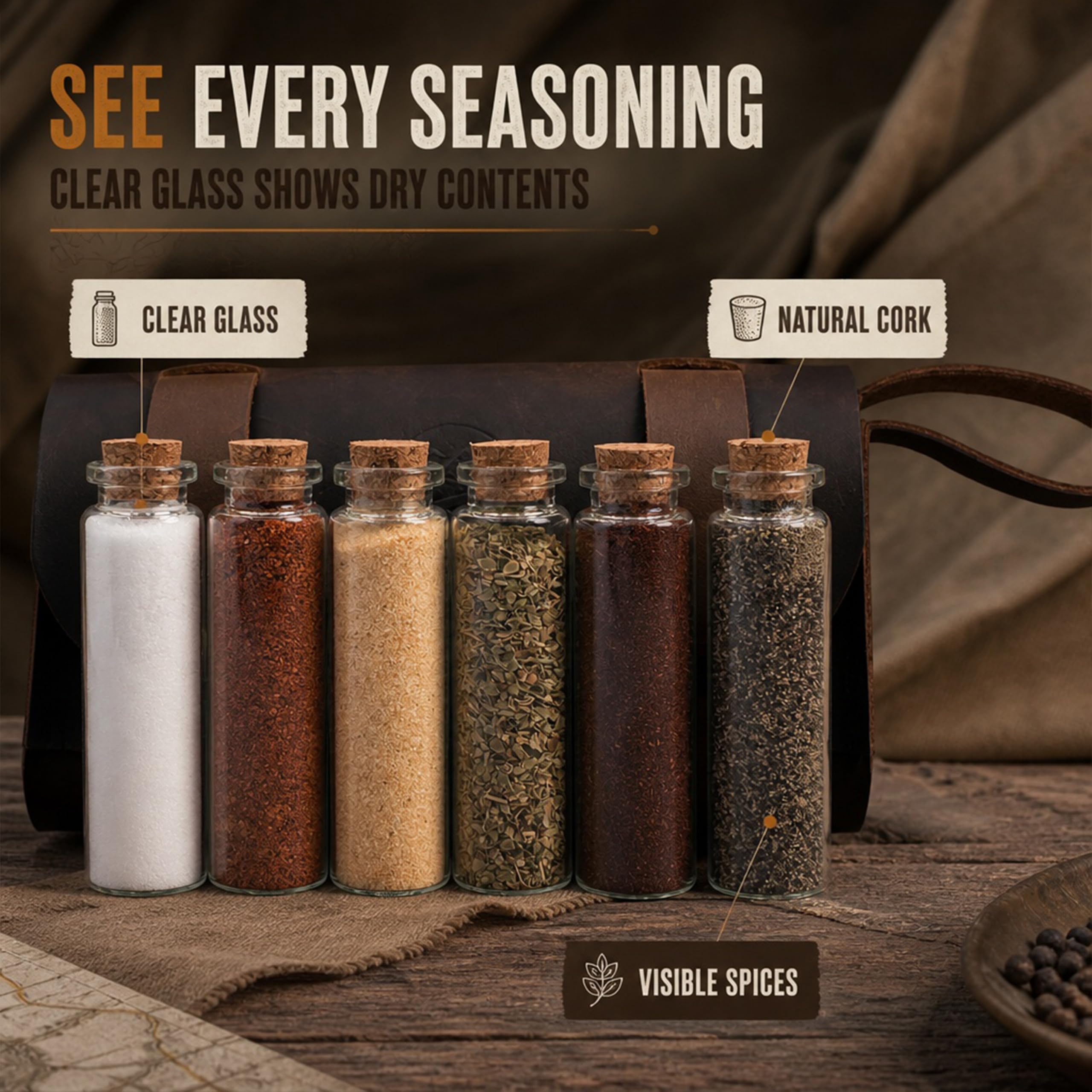Ruck & River Gewürzregal aus Leder – 6 Gewürzgläser, tragbarer Gewürzaufbewahrungs-Organizer, Gewürzflaschenhalter, Gewürzbehälter-Set für Outdoor, Camping, Grillen, Picknick, Braun