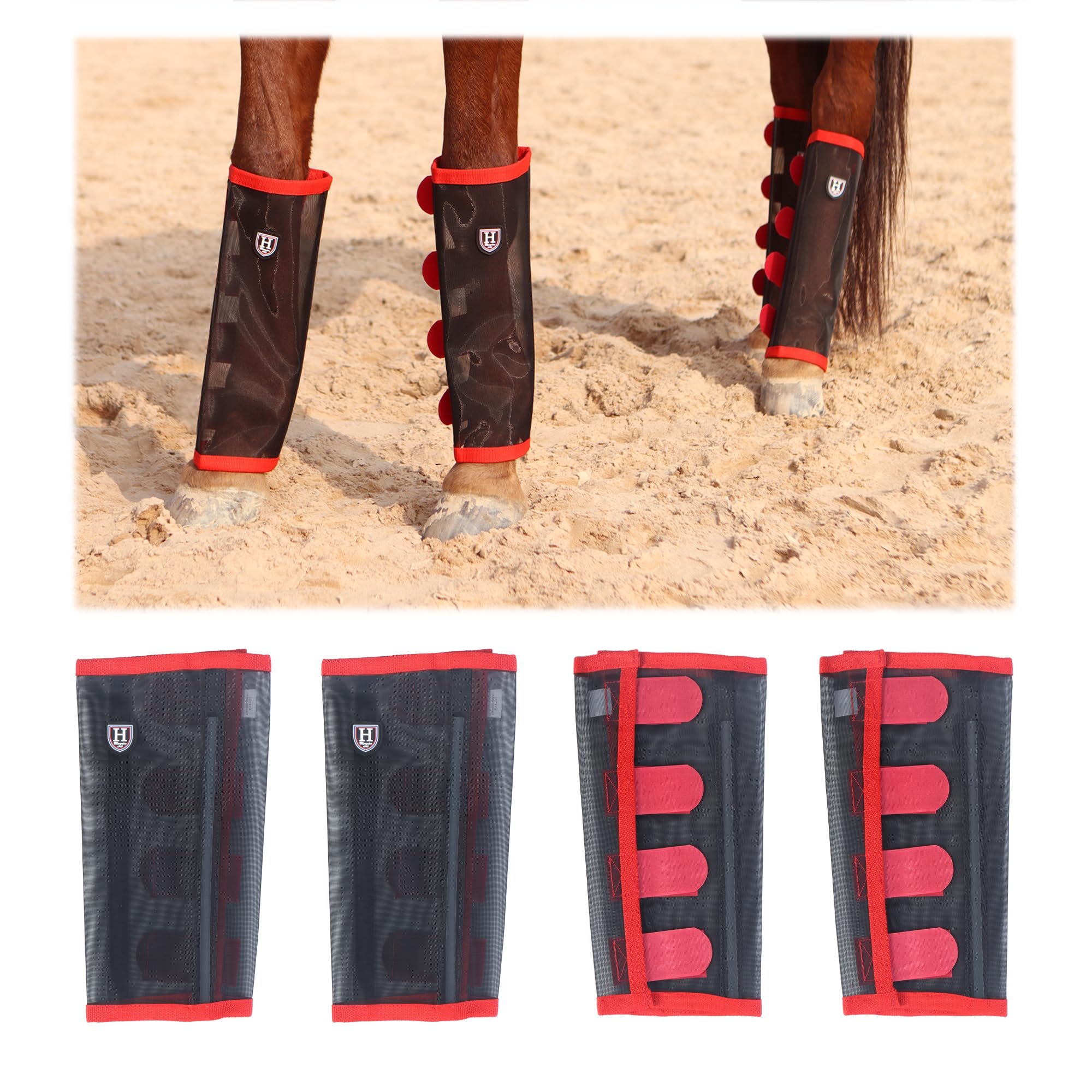 Harrison Howard Loose-Fitting Horse Fly Leggings Breathable, Tear-Resistant Fine Mesh Leg Guards Stay-on Comfortable Fly Boots (Set of 4) Red Small
