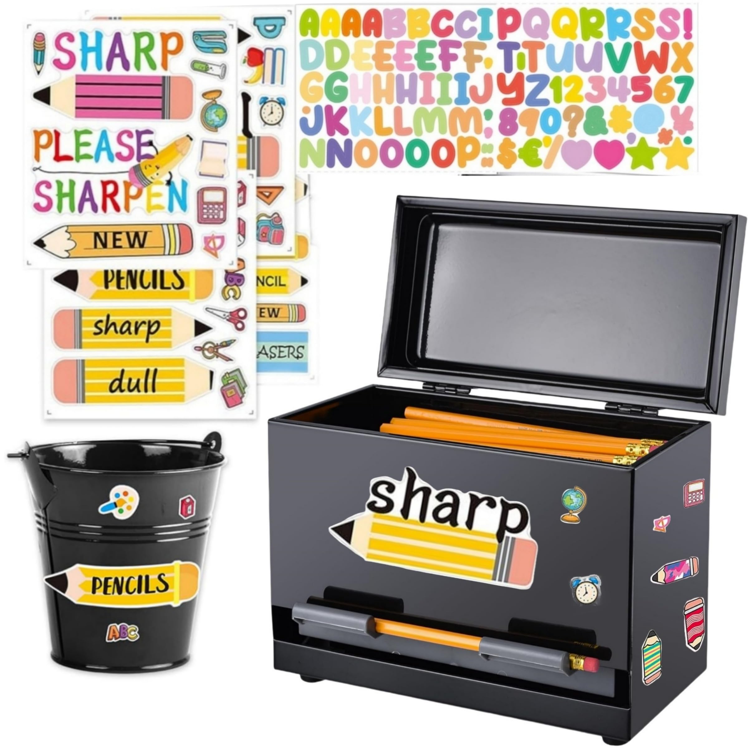 Konpwine 2 Pcs Stainless Steel Pencil Dispenser Pen Holder Back to School Dull Pencil Bucket with 4 sheet Stickers Metal Bucket with Handle for Bulk