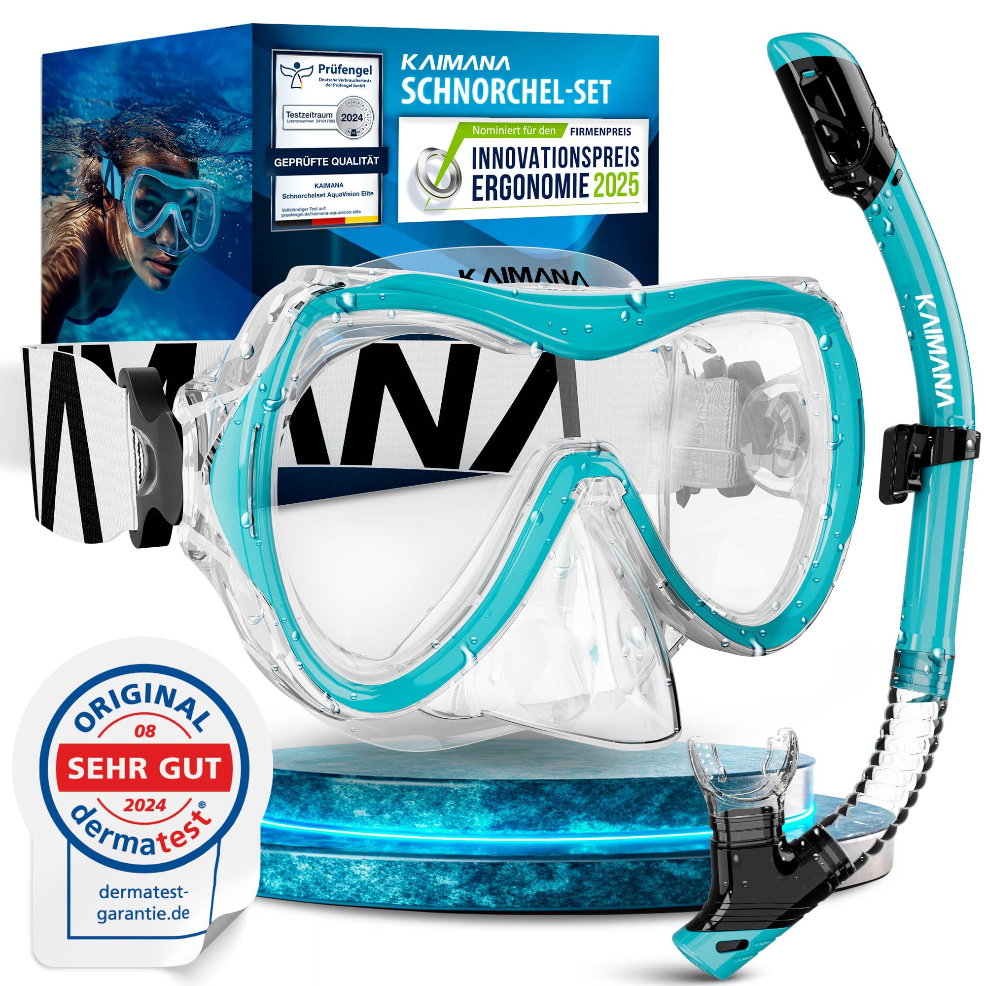 Das Neue KAIMANA® AquaVision Elite Schnorchelset für Erwachsene inkl. Tragetasche, Bequeme Taucherbrille Erwachsene, Alternative zur Schnorchelmaske, Taucherbrille mit Stoffband/Silikonstrap