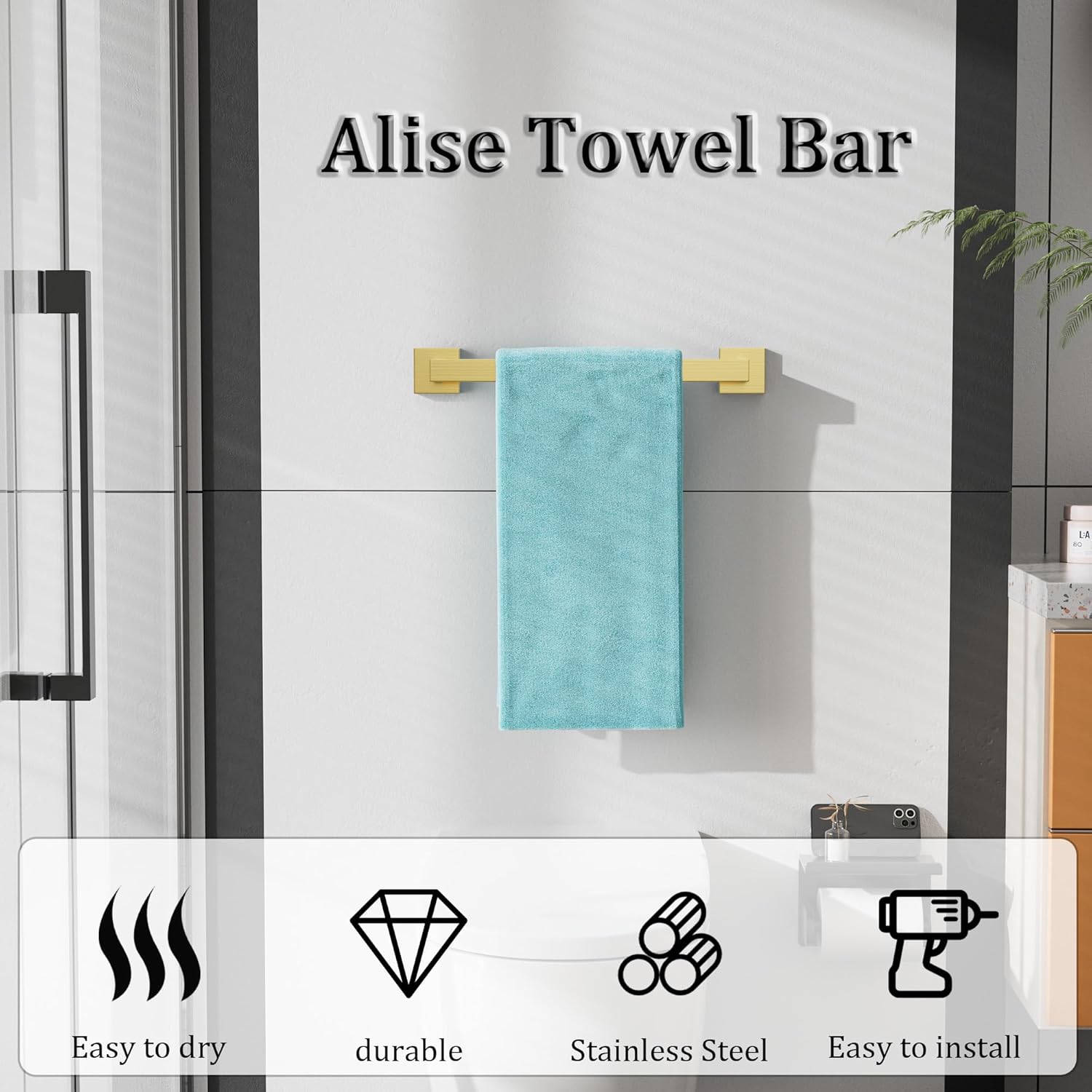 Alise Gold Towel Bar, 16 Inch Towel Racks for Bathroom, SUS304 Stainless Steel Towel Holder Wall Mounted, Heavy Duty Towel Hanger for Bathroom & Kitchen (Gold)