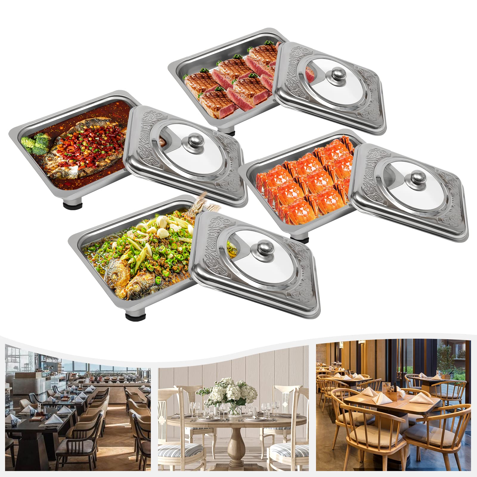 Set di 4 ciotole per buffet in acciaio inox con piedini rimovibili, 33,5 x 27,5 cm, per catering, matrimoni ed eventi (argento)