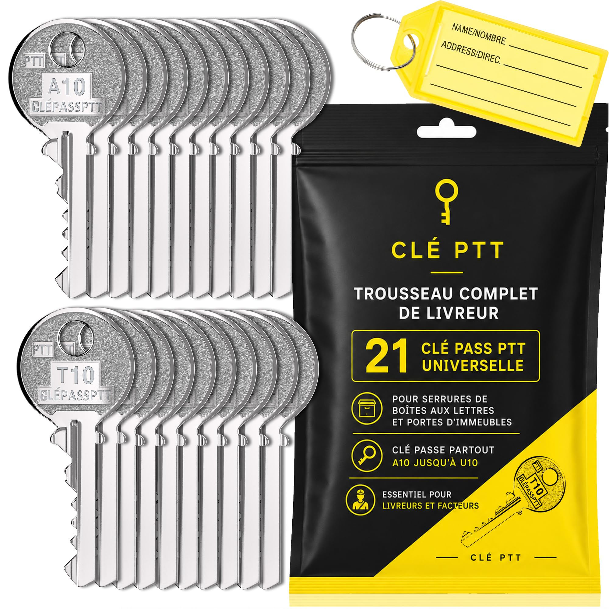 TROUSSEAU COMPLET DE LIVREUR 21 CLÉ PASS PTT UNIVERSELLE | POUR SERRURES DE BOÎTES AUX LETTRES ET PORTES D’IMMEUBLES | CLÉ PASSE PARTOUT A10 JUSQU'À U10 | ESSENTIEL POUR LIVREURS ET FACTEURS