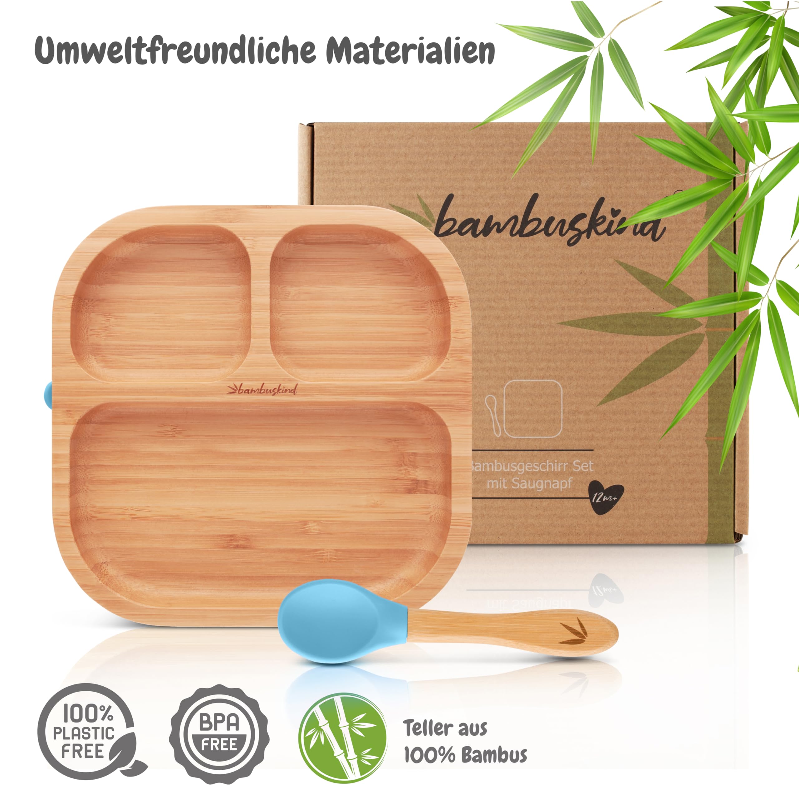 SkyblueI - Piatto per bambini con ventosa, con ricette Ebook I piatto antiscivolo in bambù con cucchiaio, set di stoviglie per bambini per imparare a mangiare, senza plastica nociva