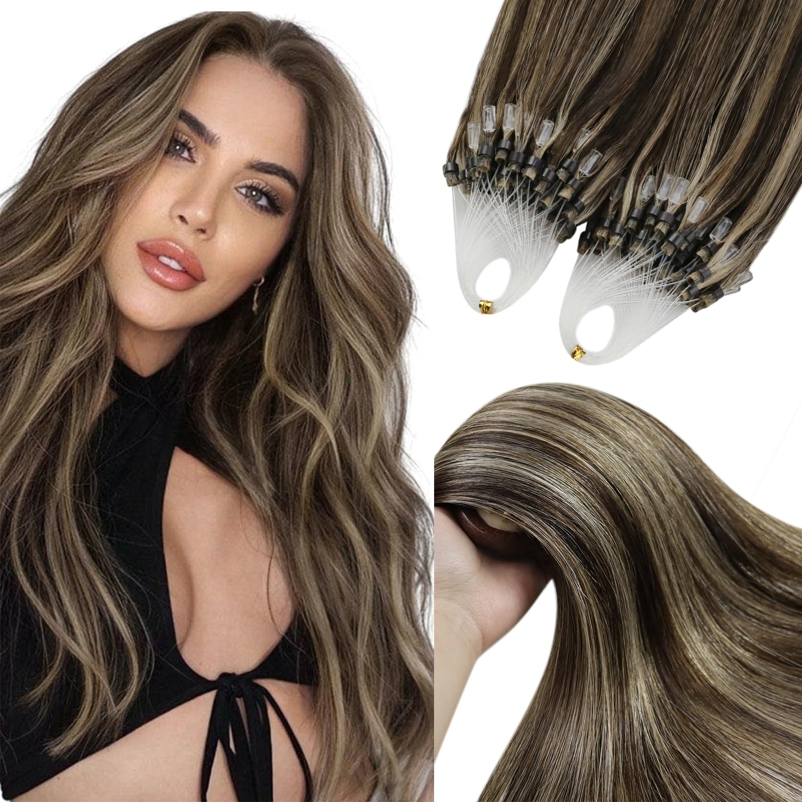 YoungSee Micro Bead Hair Extensions Real Human Hair Brown Highlight Micro Ring Hair Extensions Dark Brown Highlight Blonde Microlink Hair Extension Human Hair Bead Hair Extension 18In 50s 57g