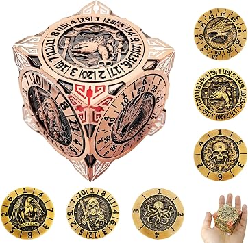 2025 New DND Spinner Dice, 7-in-1 Metal Dice Set with 3D Relief for Dungeons and Dragons Gifts, Polyhedral Roleplaying Game Dice, Fantasy D&D Tabletop RPG Accessories for DM & Player Red copper