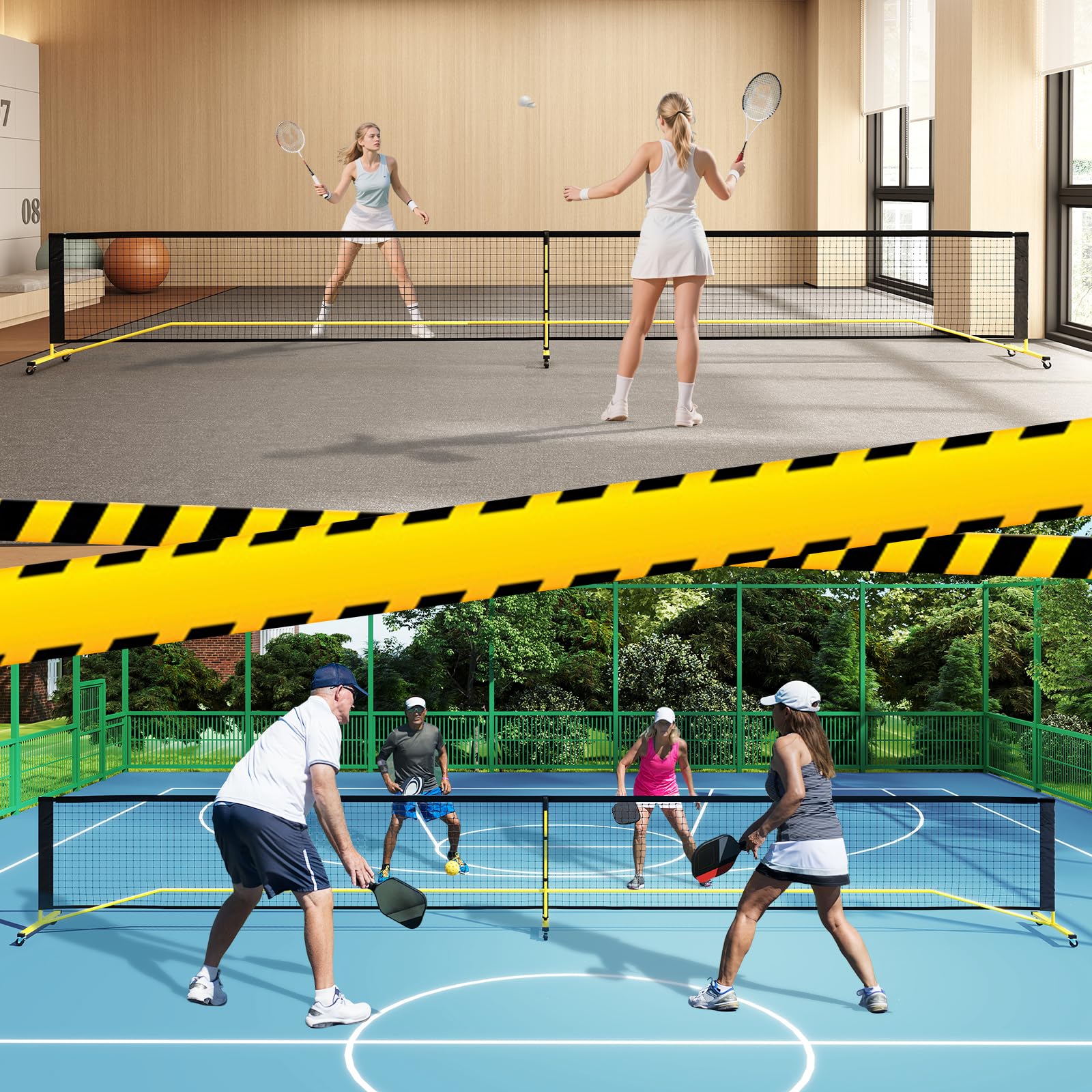GYMAX Pickleball-Netz 674,5 cm, Pickleball-System mit Tragetasche, leichtes Pickleball-Netz-System mit PE-Netz & Metallgestell, Sportnetz für Outdoor- & Indoor-Spiele auf der Auffahrt