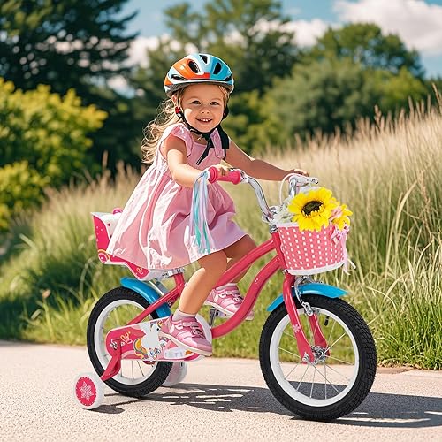 Miniatura 2 de BABY JOY Bicicleta para niños, 12, 14, 16, 18 pulgadas, con ruedas de entrenamiento desmontables, cesta de almacenamiento, asiento ajustable y