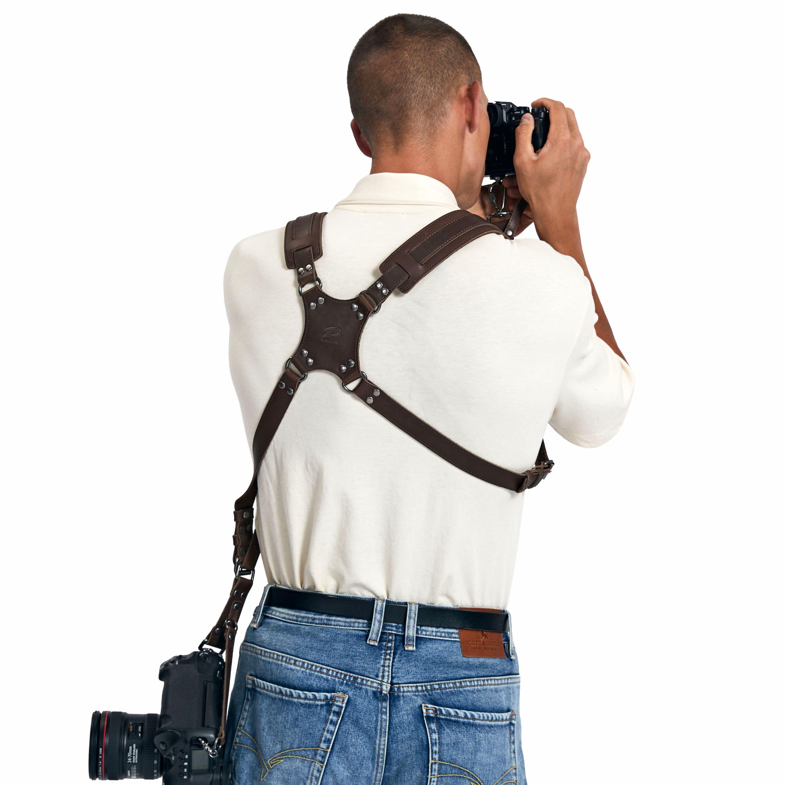 Padwa Lifestyle Doppia cinghia per fotocamera per due fotocamere, doppia tracolla in pelle pieno fiore, attrezzatura multi doppia fotocamera per DSLR/SLR, doppia imbracatura per fotocamera per