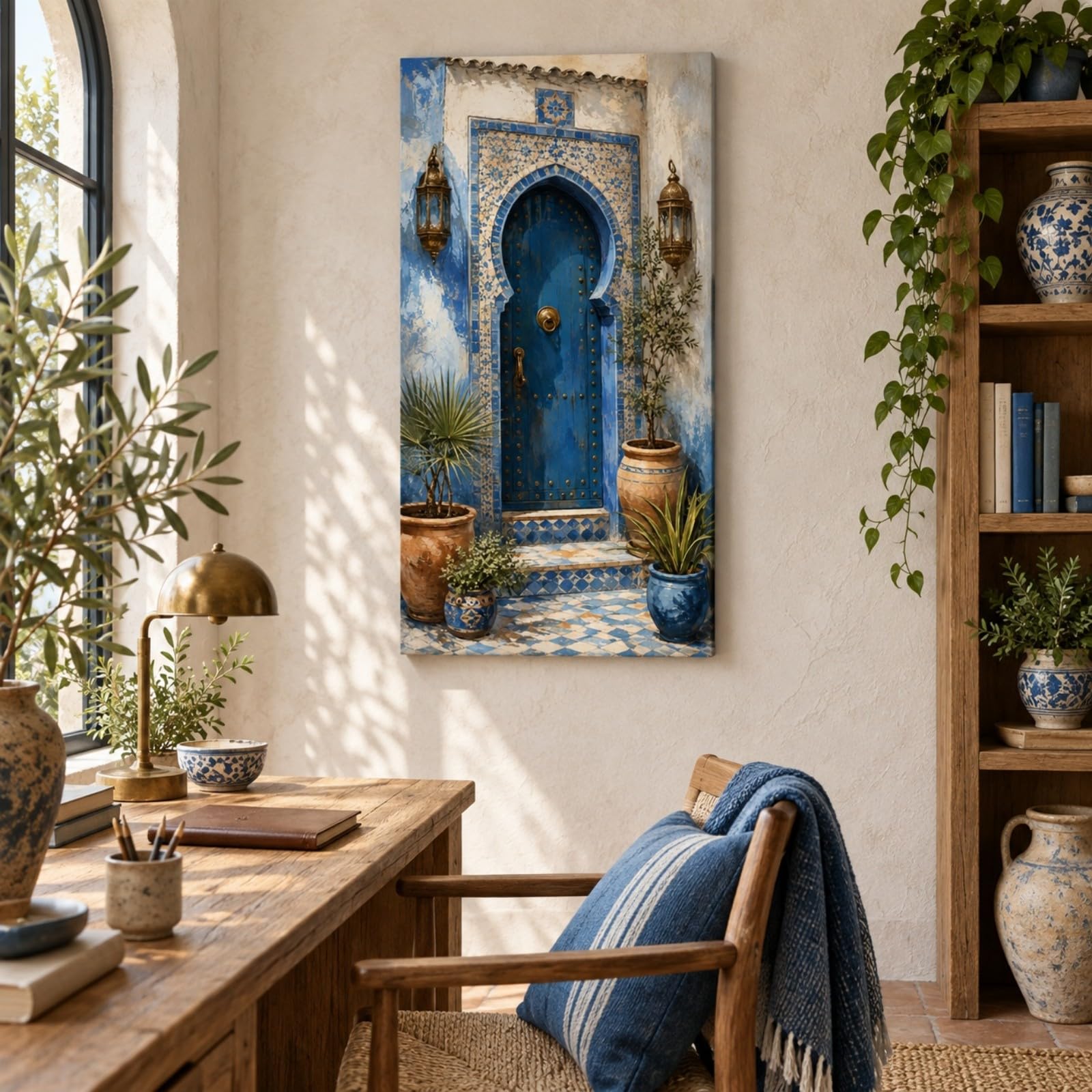 DHFGHFJ Cuadro en Lienzo Boho con Arco Azul Marroquí y Plantas Vertical