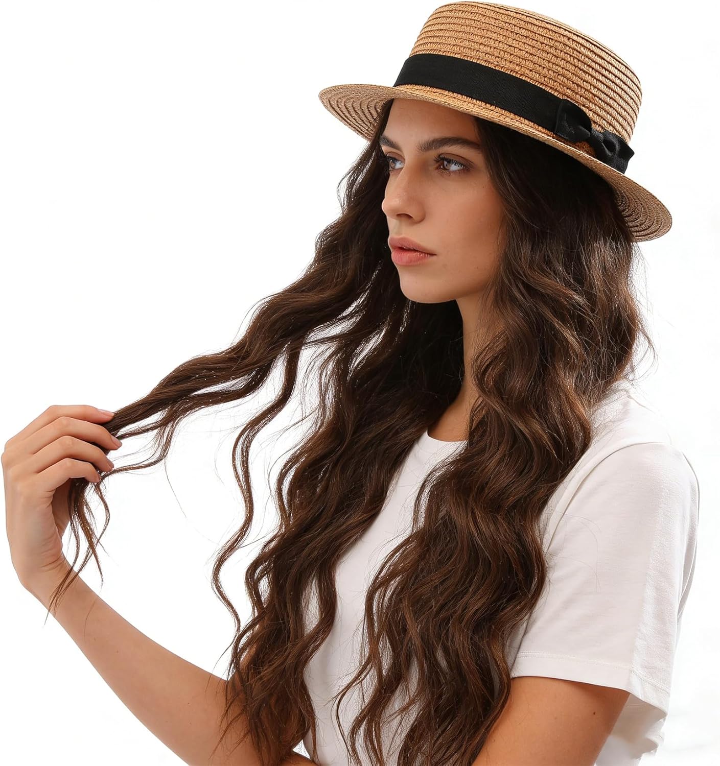 MILAKOO Flat Top Hat Boater Cap for Women Beach Straw Sun Protection Bucket Hat Fine Braid Foldable - Image 5