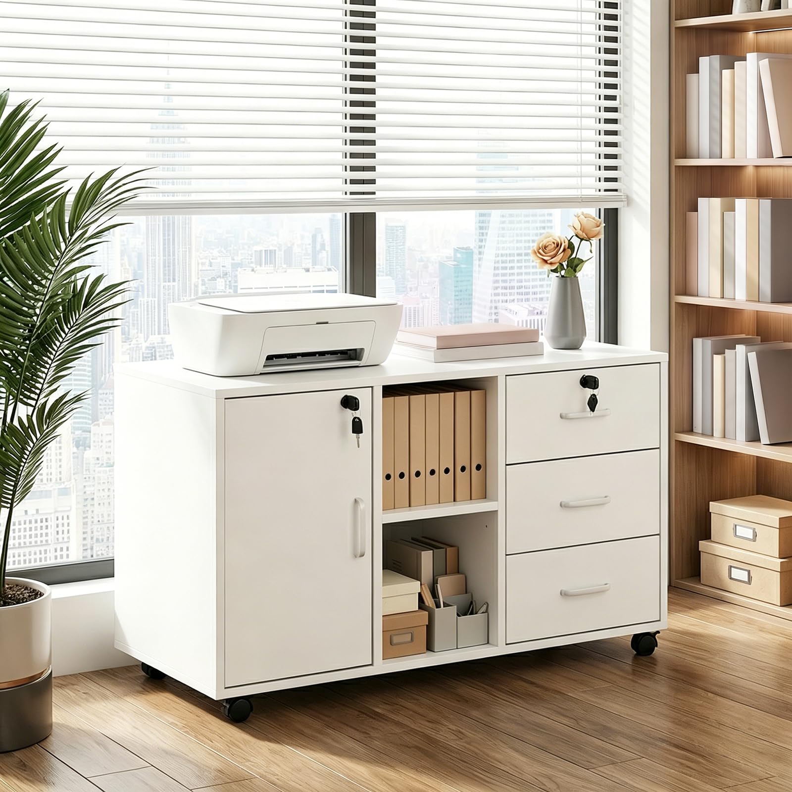 Bürokommode mit 3 Schubladen, 4 Rollen, 2 offenen Fächern, eine Tür