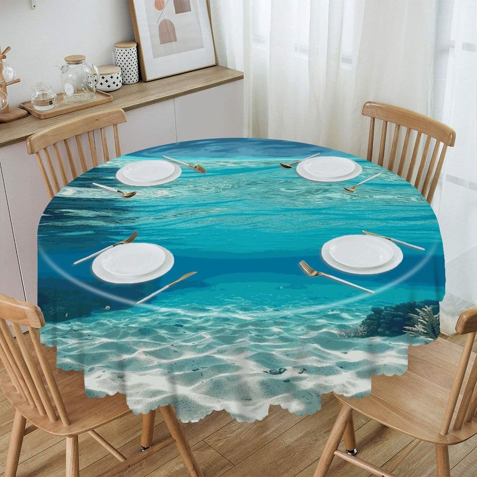 VstaDank Underwater View of Tropical Beach Round Tablecloth 60 Inch Easy to Clean Circle Table Cover Thick Decorative Round Polyester Table Cloth for Dining Kitchen Party Farmhouse Outdoor
