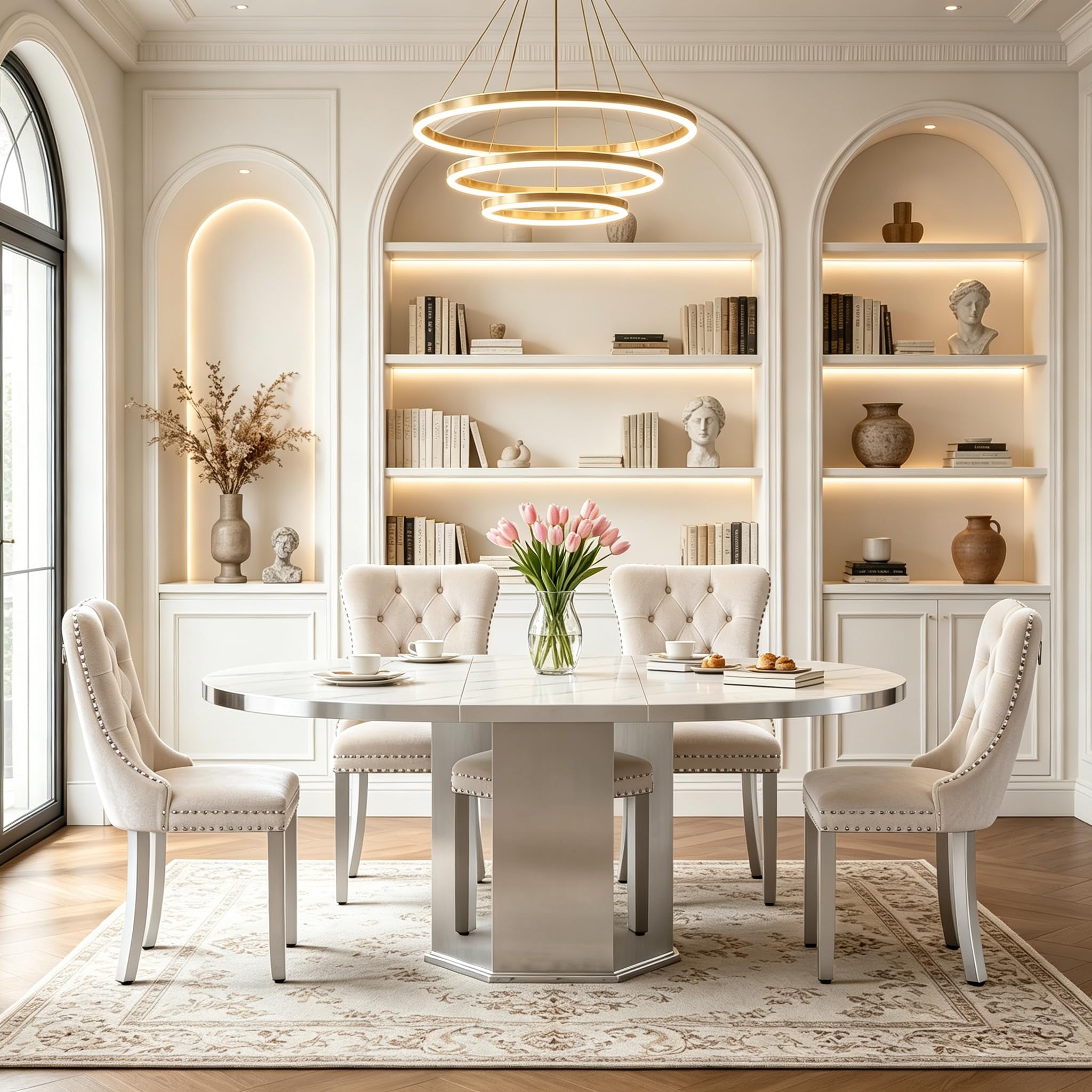 5 Pieces White Faux Marble Extendable Dining Table Set, 47"-63" Round Expanding Kitchen and Dining Room Table Set for 4 with Mirrored Acrylic Base &amp; Beige Velvet Upholstered Chairs