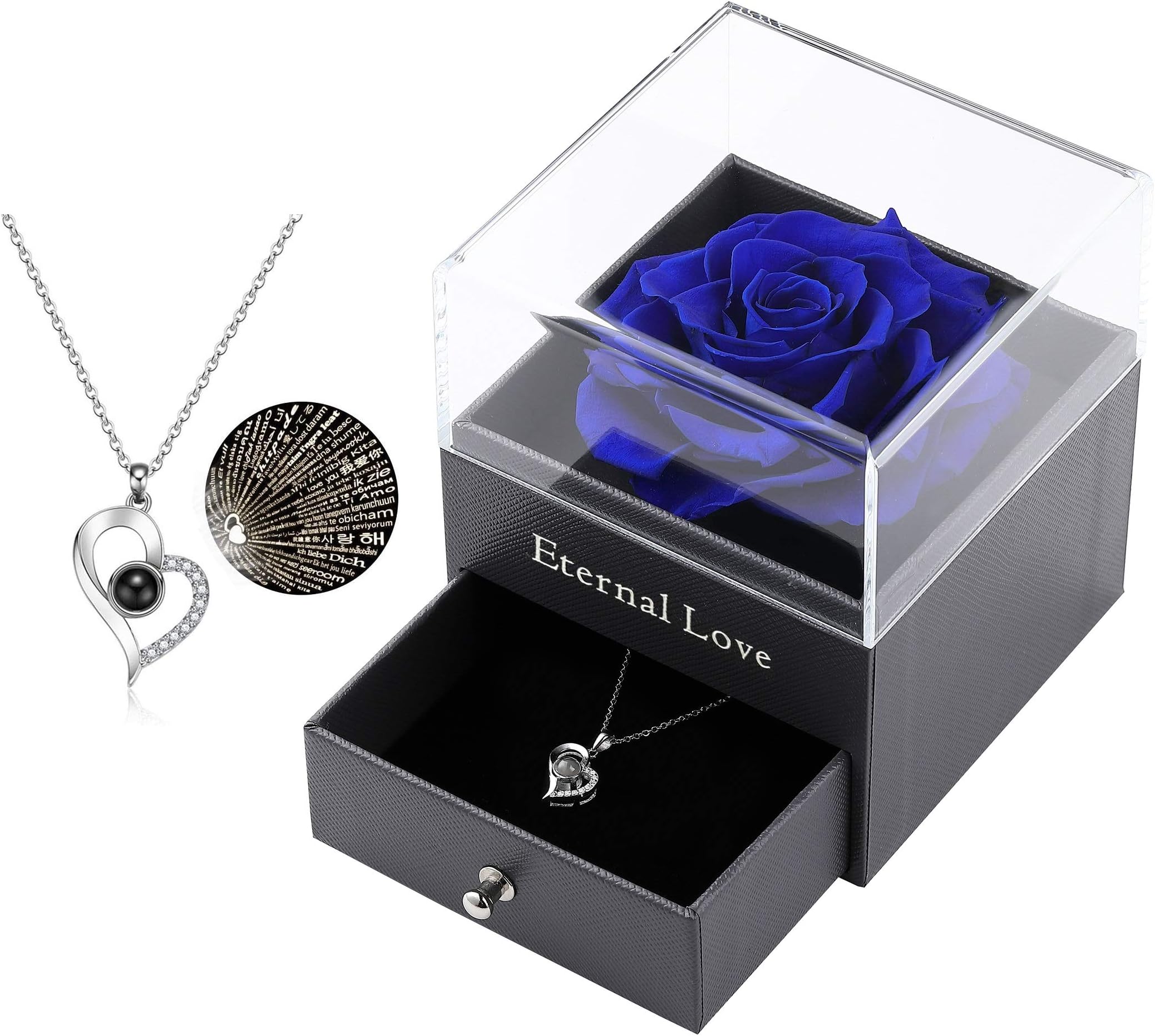 Preserved Blue Rose Drawer with Silver-Tone Special Heart Necklace, Handmade Fresh Rose Romantic Gift for Her on Valentine's Day, Mother's Day (Blue Rose)