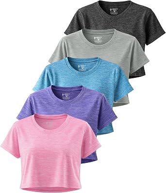 5 Pack Boxy Cropped Tees for Women, Dry Fit Loose Fitting Crop Tops, Athletic Short Sleeve Shirts Workout Gym
