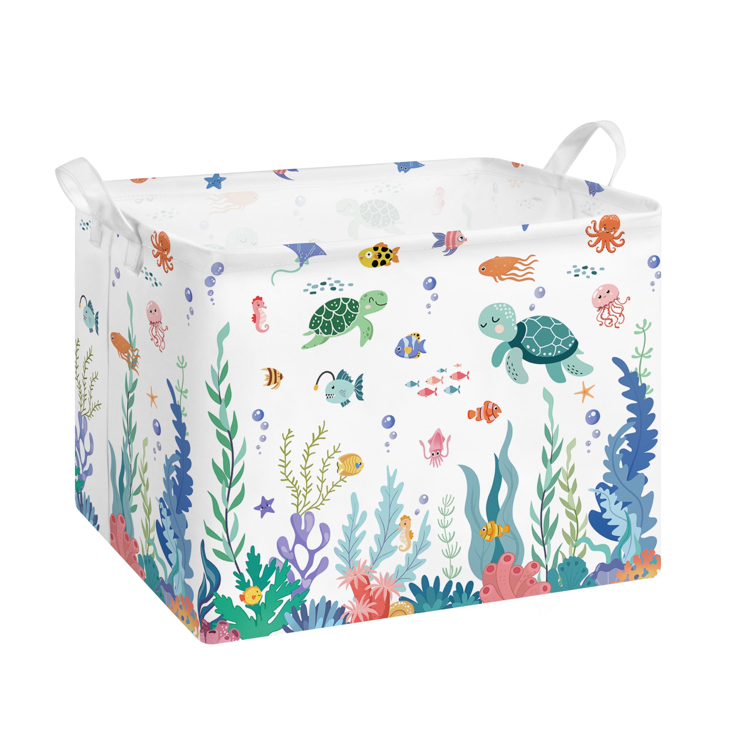 Grande Cesta Portaoggetti con Manico, Impermeabile, Rettangolare, per Vestiti e Giocattoli, Cesta Portaoggetti per Bambini Ragazze e Ragazzi, 40x30x30 cm(Mondo Sottomarino)