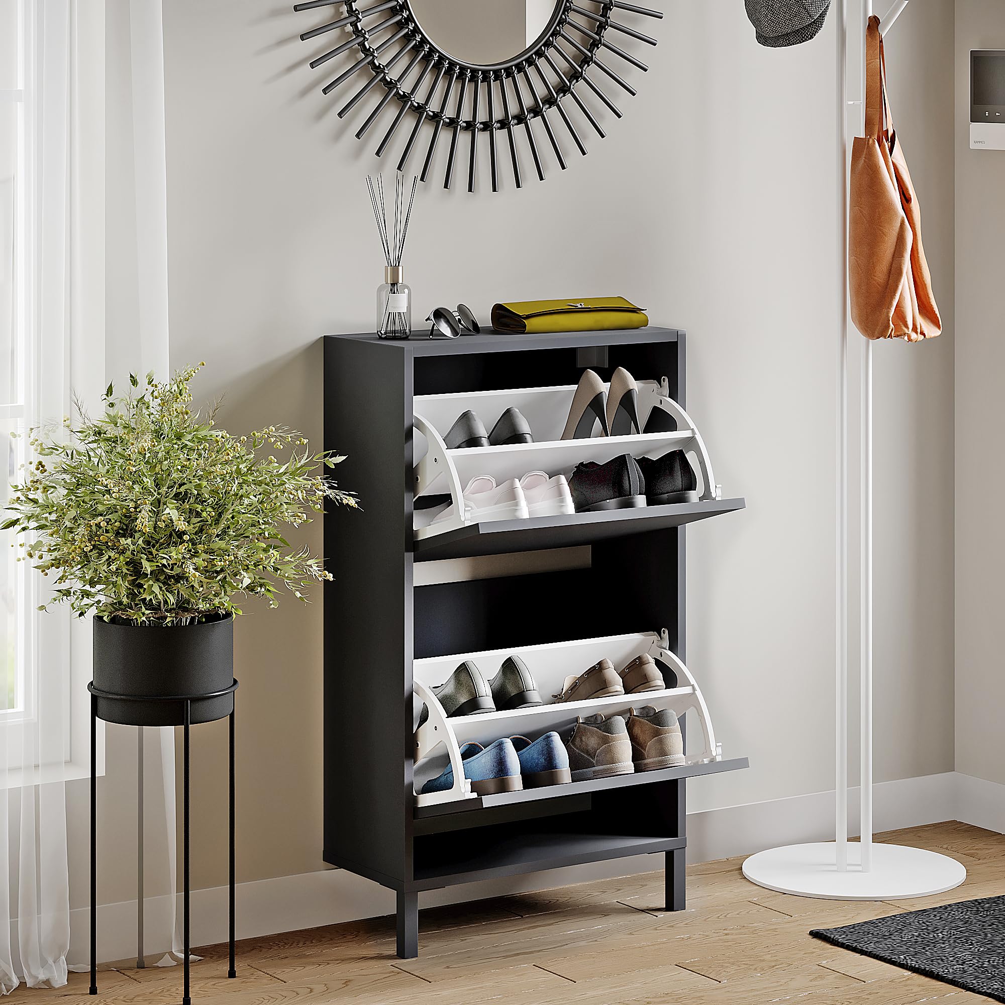 KOMTO Szafka Na Buty Antracyt Wąska – Szafka Uchylna Na Obuwie Z 2 Klapami, Komoda Na Buty, Organizer Do Przedpokoju| Trek 55 X 25 X 96 Cm