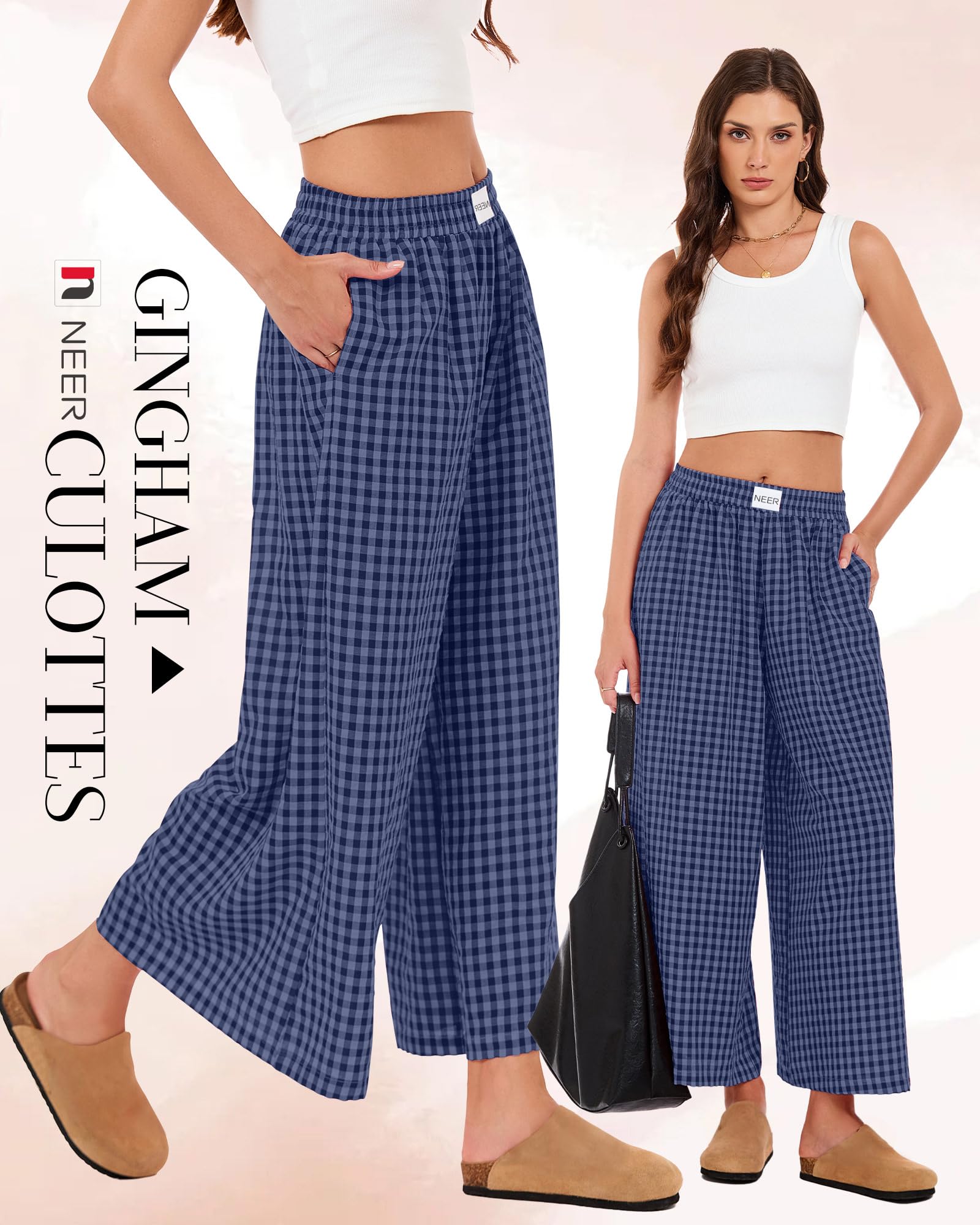 Neer Pantalon Femme Carreaux Vichy Taille Haute Élastique Fluide Large Coupe Palazzo avec Poches | Pantalon jupe, carreaux, jupes, fluide, ample, surdimensionné, pantalon habillé, pantalon de pyjama, taille élastique