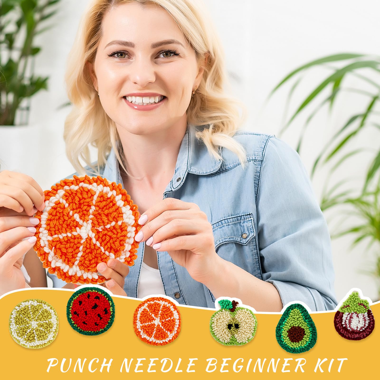 Yaomiao 6-teiliges Obst-Stanznadel-Untersetzer-Set, Stanznadel-Stickset, Stanznadel-Set, Bastelbedarf mit Mustern, Garnen, Werkzeuge, selbstklebender Filz, Stickrahmen, Anleitung für Erwachsene, DIY