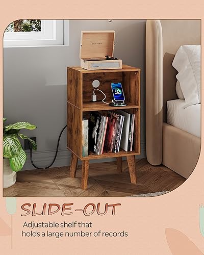 Miniatura 5 de Mesita de noche, moderna mesita de noche de mediados de siglo con almacenamiento y estante de madera abierto, mesa auxiliar pequeña con patas de