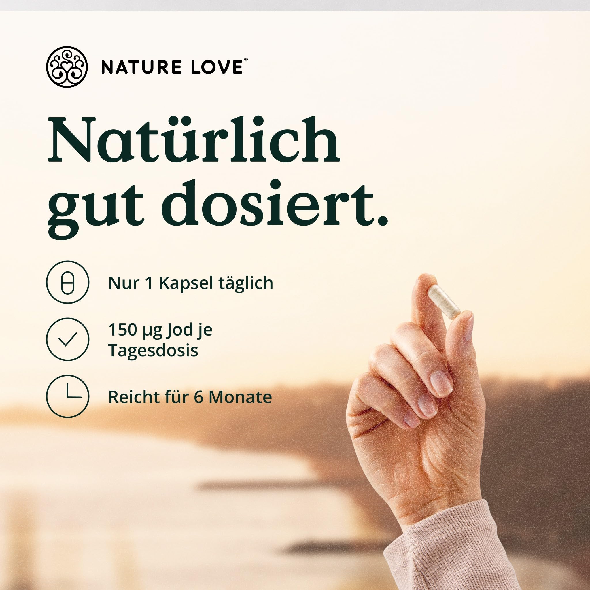 NATURE LOVE® Jod Komplex für die Schilddrüse - 180 Kapseln - mit Jod, Selen, L-Tyrosin, Vitamin B & D - Alternative zu Jod Tabletten - 6 Monate Reichweite - hochdosiert, vegan & laborgeprüft