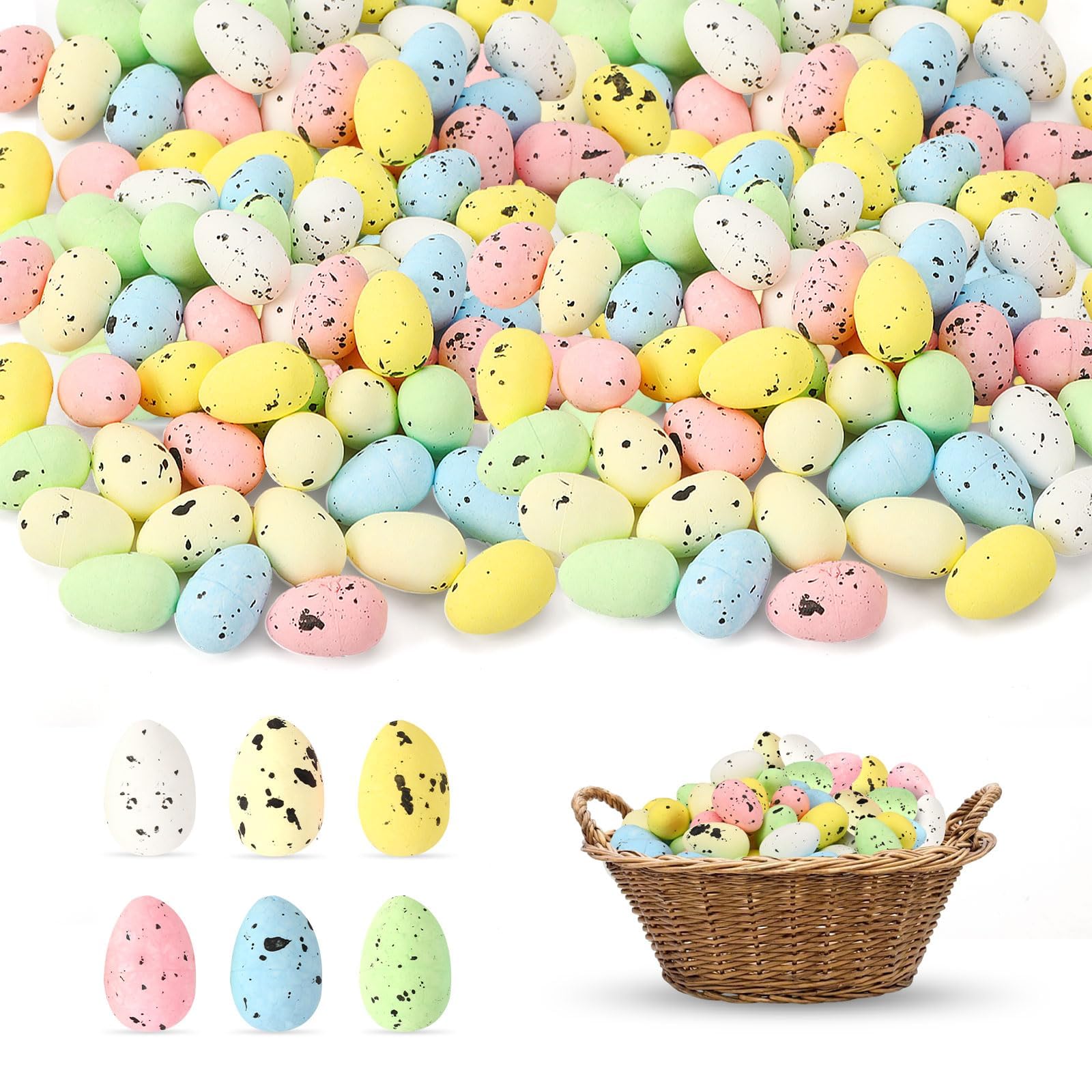 JULBEAR 50PCS Easter Mini Eggs, Easter Multi-Color Foam Egg Decorations, Artificial Bird Eggs, Party Decorative Easter Eggs, Speckled Eggs for Kid Art Crafts Supplies Basket Stuffers Assorted Color