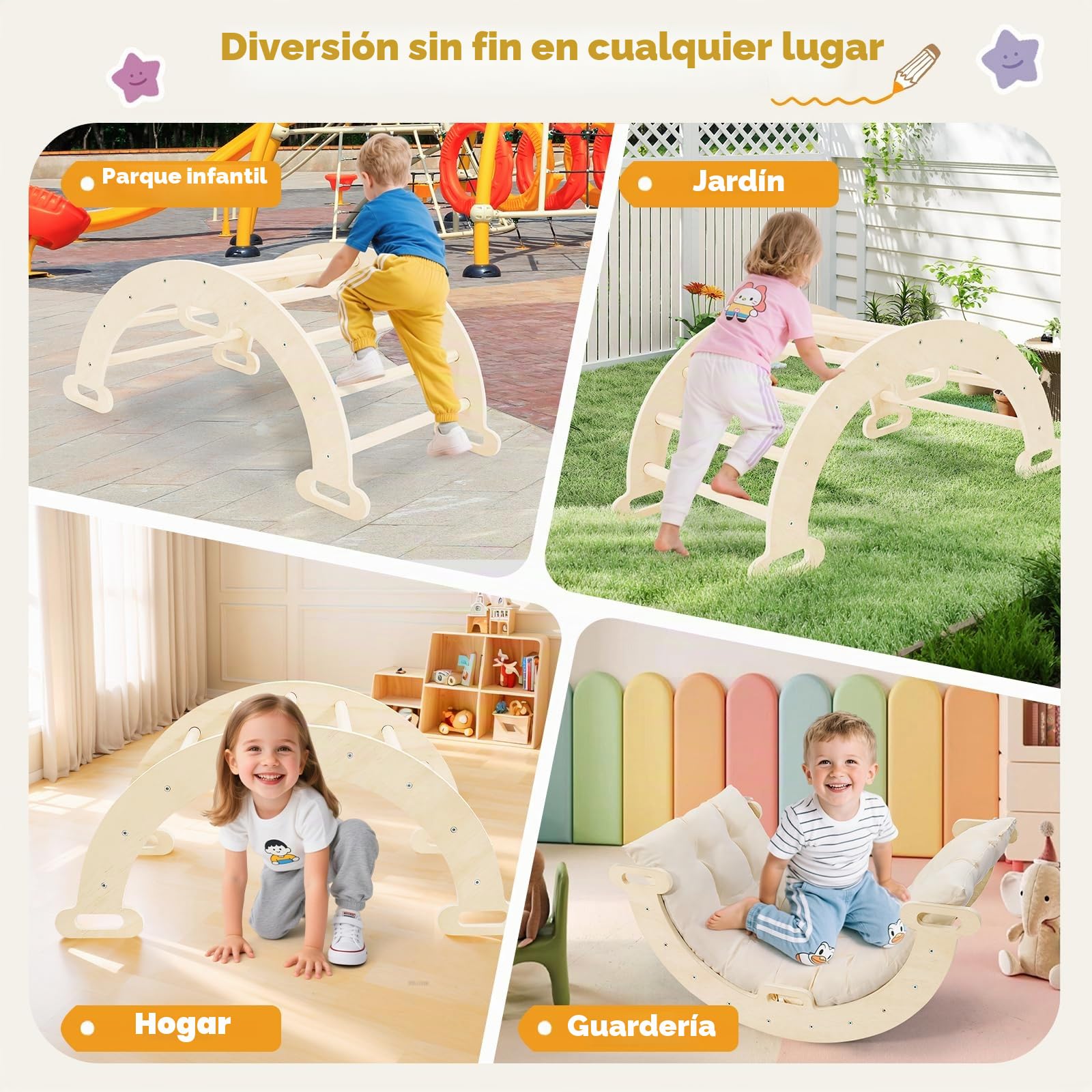 2 en 1 Arco de escalada con reposabrazos, Escalada niños de madera con cojín, madera natural, alfombrilla para los pies antideslizante, refuerzos de soportes, Arco Montessori para bebe 1-6 años