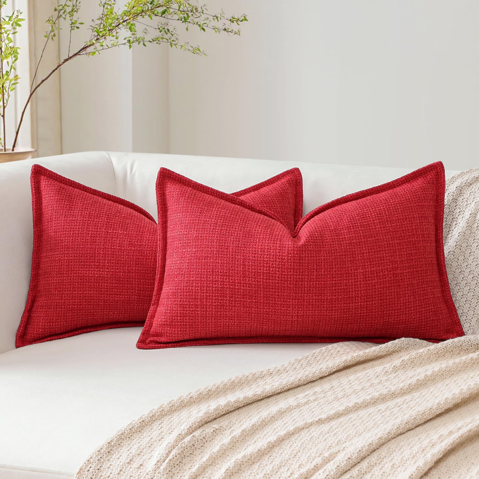 Artscope Pack of 2 Red Decorative Cushion Covers 16x24 Inch Soft Linen Texture Couch Throw Pillows Farmhouse Pillow Covers with Elegant Design for Sofa Bedroom Living Room Home Decor 40 x 60 CM
