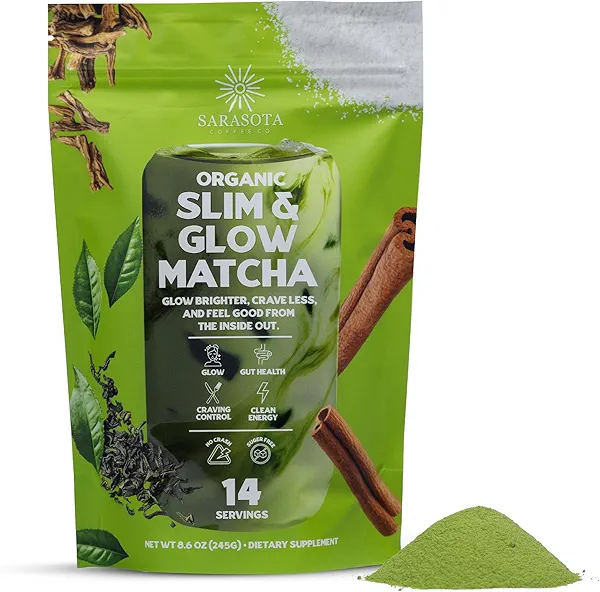 Slim & Glow Matcha Latte Powder – Collagen Peptides, Organic Matcha, Inulin Prebiotic Fiber, Green Tea Extract, Biotin – Gut Health, Craving Control – 14 Servings