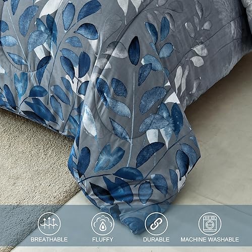 Miniatura 6 de Juego de edredón floral azul tamaño matrimonial de 7 piezas con hojas degradadas botánicas azul marino, juego de ropa de cama ultra suave de