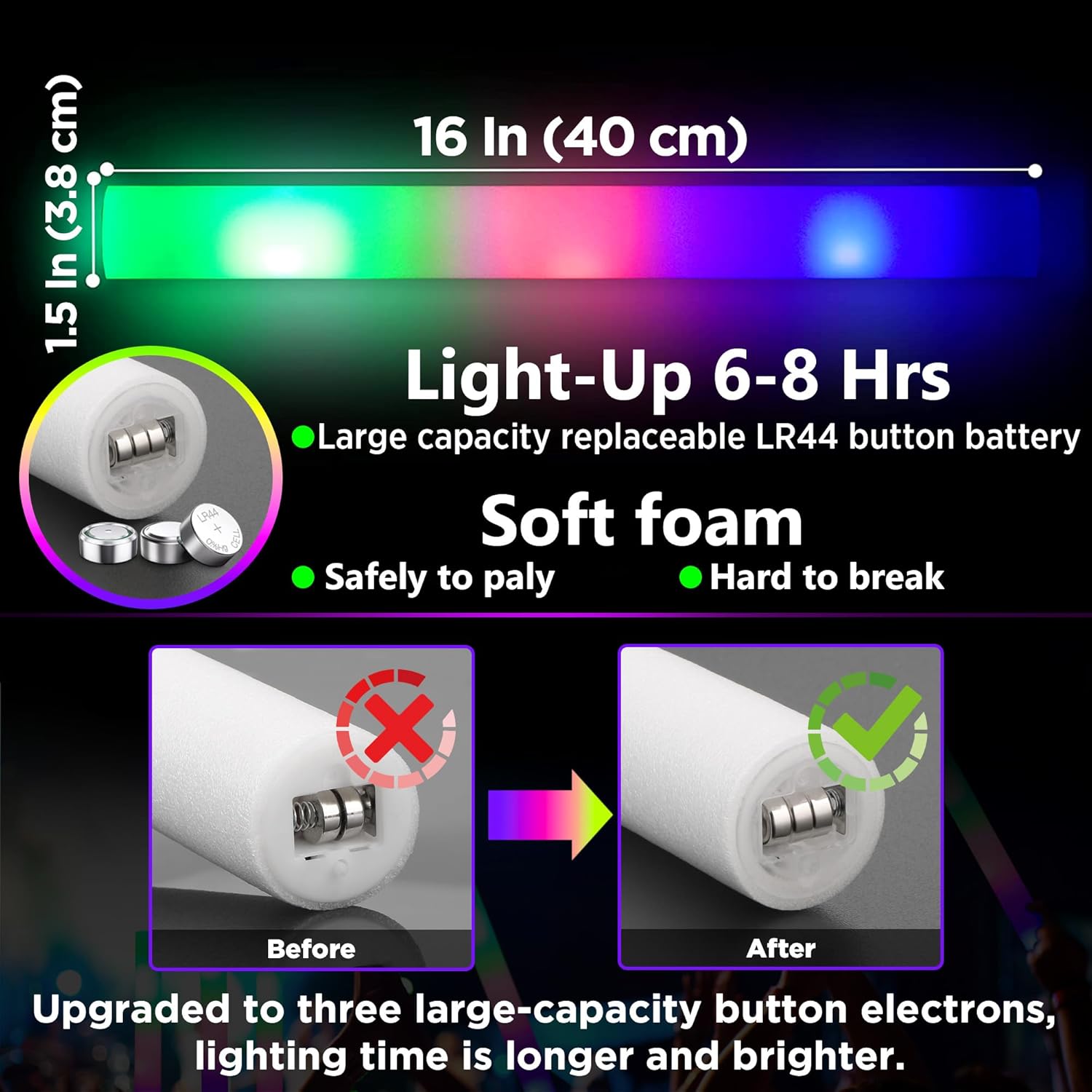 32 Pcs Foam Glow Sticks Bulk Party Pack, L16" Big Led Light Up Foam Sticks with 3 Flashing Effect, Glow in The Dark Party Supplies Favors for Wedding, Adults/Kids Birthday, Disco Dance Floor, DJ - Image 3