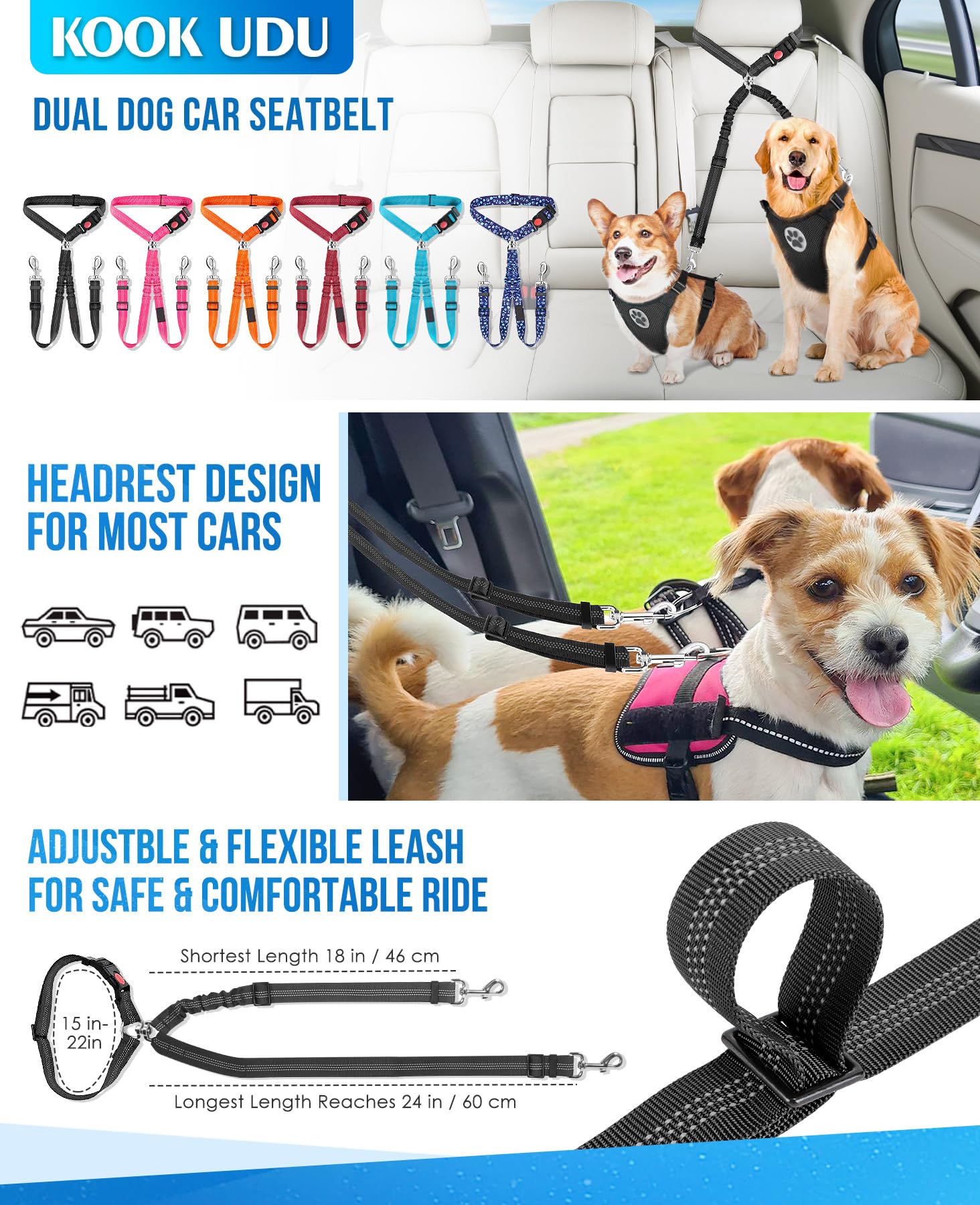 Dog Seat Belt for Car, Dual Pet Vehicle Headrest Restraint Safety Seatbelt,Two Dog Leash No Tangle Dog Car Leash Seat Belt,Duty Adjust Elastic Connect Harness in Vehicle Travel (Blue) - image 7