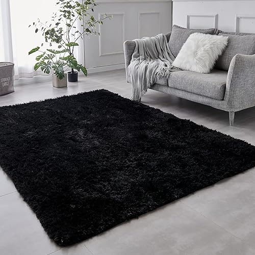 TABAYON Extra Large Shag Area Rug, 9x12 Feet Black Indoor Ultra Soft Plush Rugs for Living Room, Non-Skid Modern Nursery Faux Fur Rugs for Home