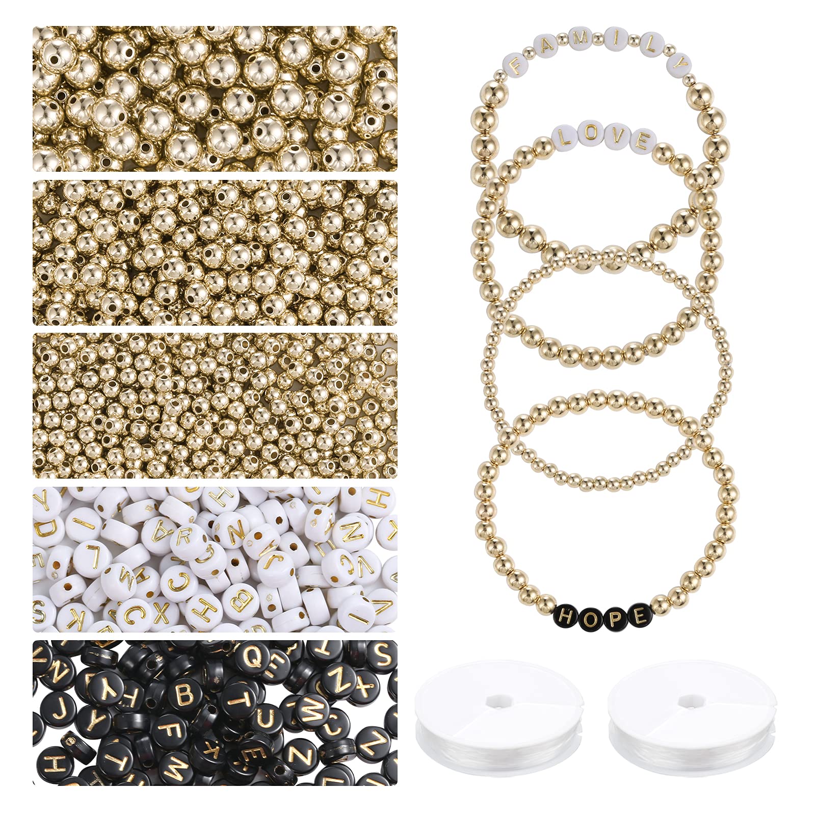 PP OPOUNT 2302 PCS DIY Gold Beads Set with 2000 PCS Gold Round Beads, 300 PCS Acrylic Alphabet Letter Beads and 2 Rolls of Elastic String for Jewelry Making( 8mm, 6mm, 4mm)