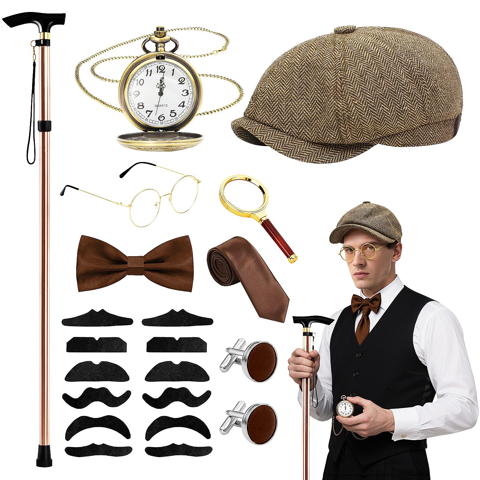 1920s Mens Costume Accessories Set, Vintage Gentleman Gatsby Gangster Fancy Dress with Adjustable Metal Folding Cane Pocket Watch Bow Tie Glasses Cuffs Beard Magnifier for Roaring 20s Themed Party