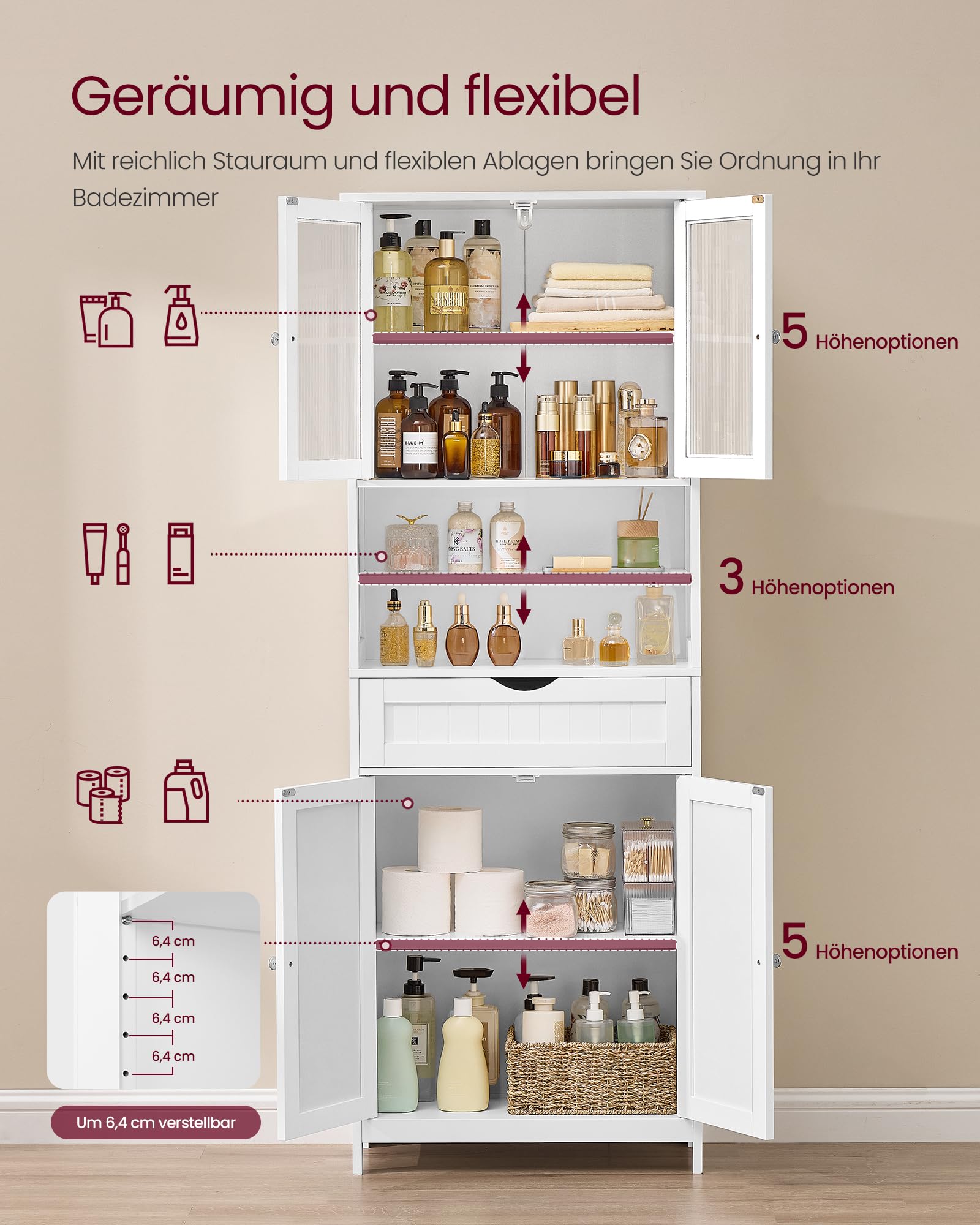 VASAGLE Badezimmerschrank, Badschrank, Aufbewahrungsschrank mit verstellbaren Ablagen, Schublade, offenen Fächern, für Badezimmer, Wohnzimmer, Esszimmer, wolkenweiß BBC768W01