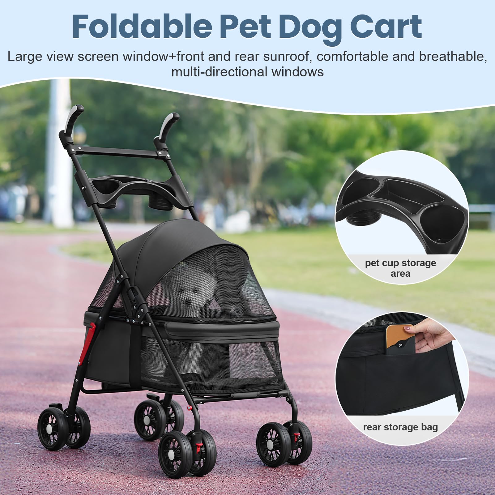 2in1 Hundewagen, Hundebuggy mit 1 Getränkehaltern, Hundebox Transporttasche Faltbar klappbar mit Feststellbremse, Bollerwagen für Hunde, 48 cm * 68 cm * 95cm (Schwarz-1)