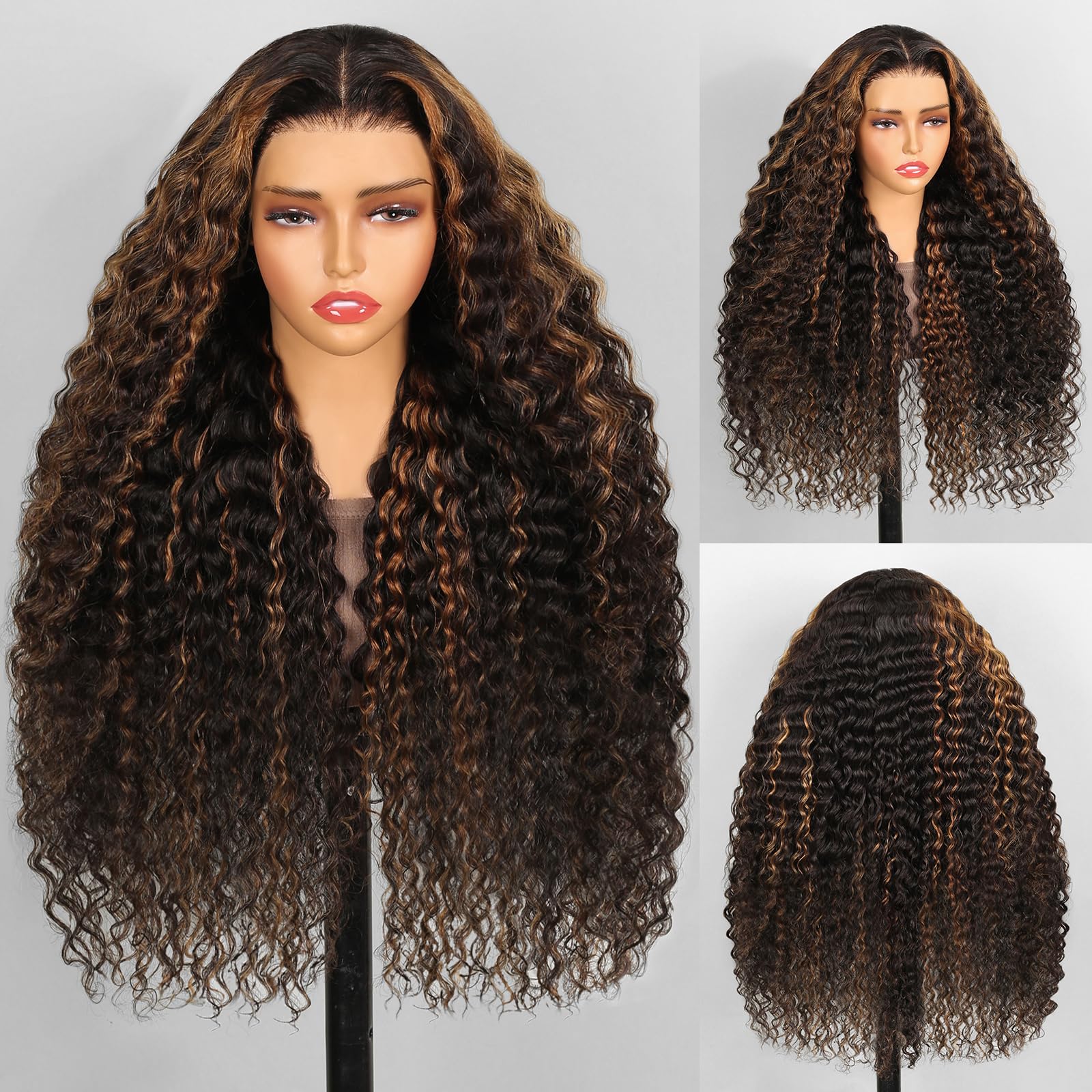 MEGALOOK24inch Ombre Highlight Lace Front Wigs Human Hair Pre Plucked with Baby Hair 13x4 Deep Wave Lace Front Wigs Human Hair 180% Density Curly Wet and Wavy Wigs Human Hair FB30# Color