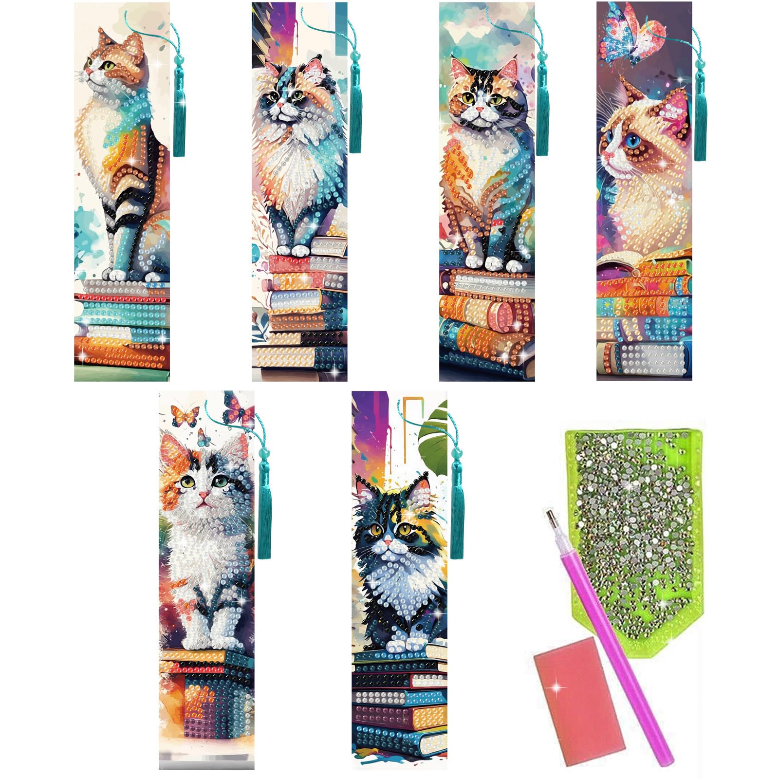 beinkmake 6Pcs Cats Diamond Art Bookmarks Books Diamond DIY Painting Bookmarks Books Butterflies Rhinestones Beaded Acrylic Tassel Bookmark for Adult Beginner Crafts
